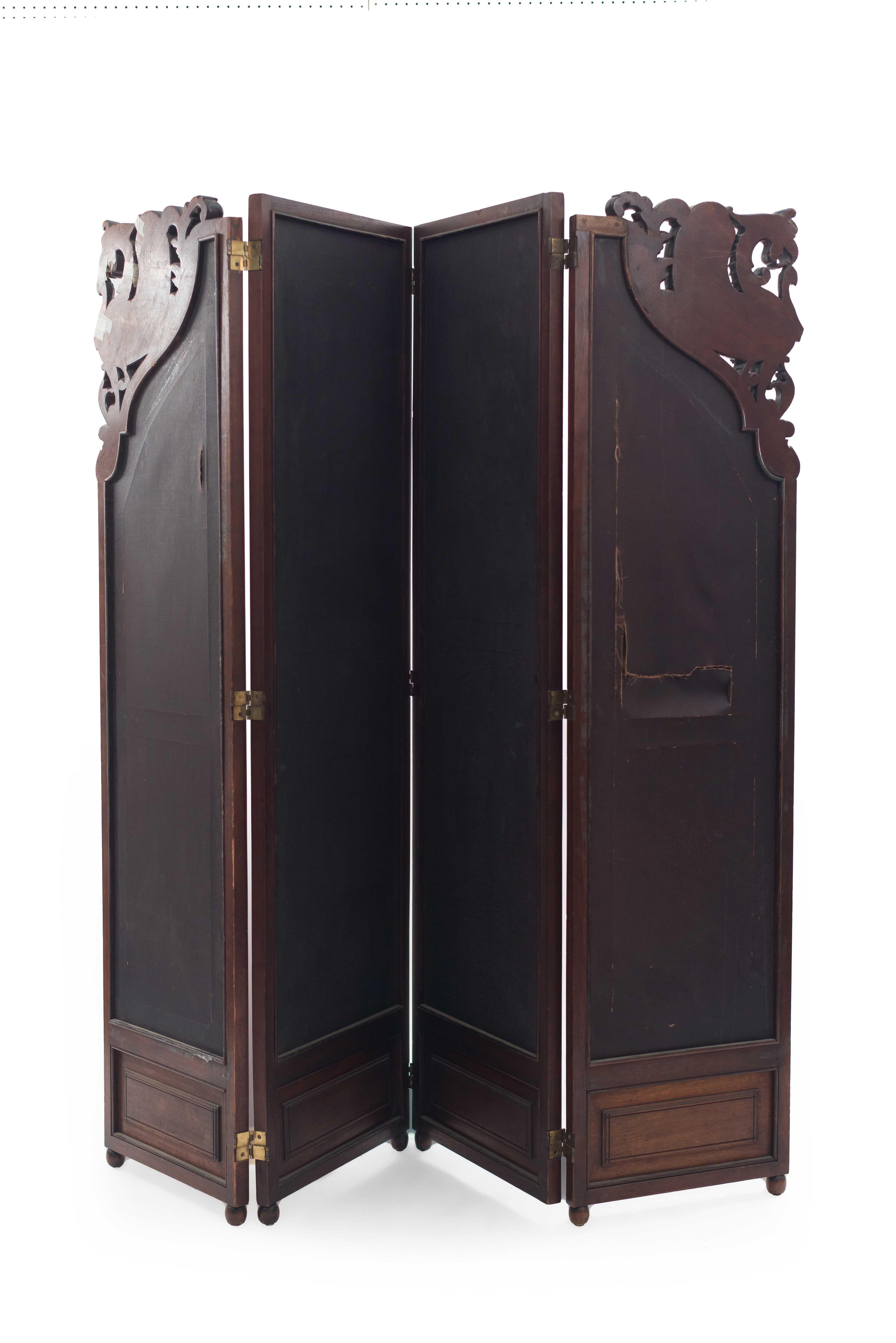 English Victorian walnut 4 fold screen with brown embossed leather panels and carved griffin sides.
