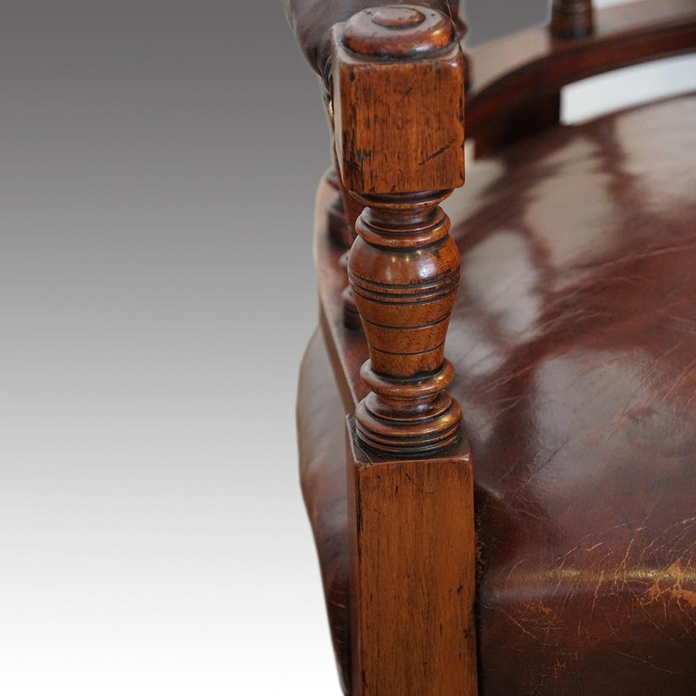 Victorian leather desk chair 
This Victorian leather desk chair was made circa 1885.
The desk chair has been restored using our specialist polishers, leather upholsterer who covers this in leather hide before hand dying the leather before