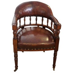 Antique English Victorian walnut leather lawyers desk chair Circa 1885