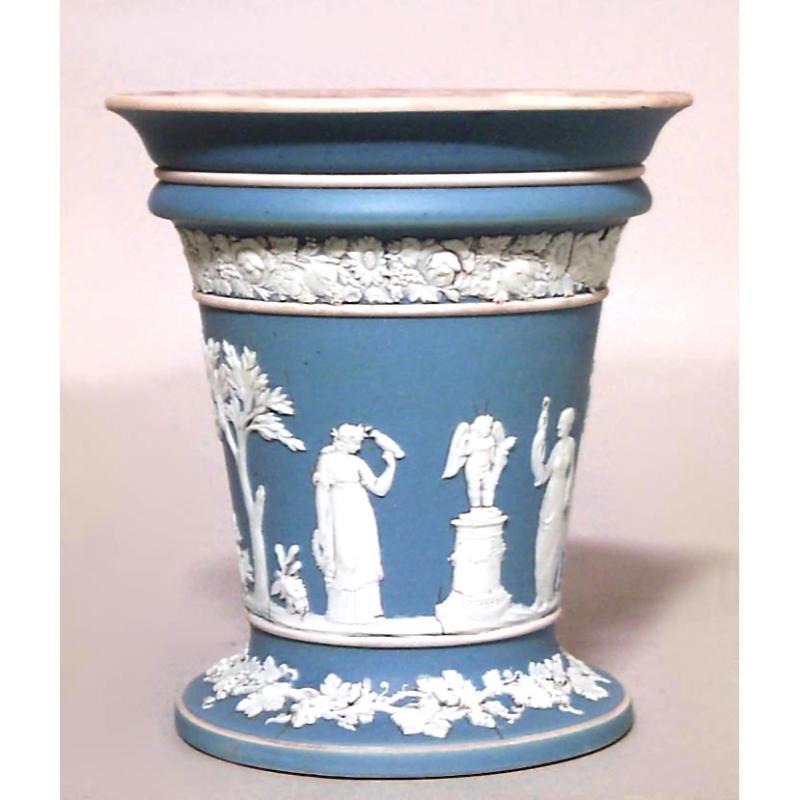English Victorian blue and white Wedgwood porcelain vase with 4 maidens and trimmed with floral vine on top and bottom.