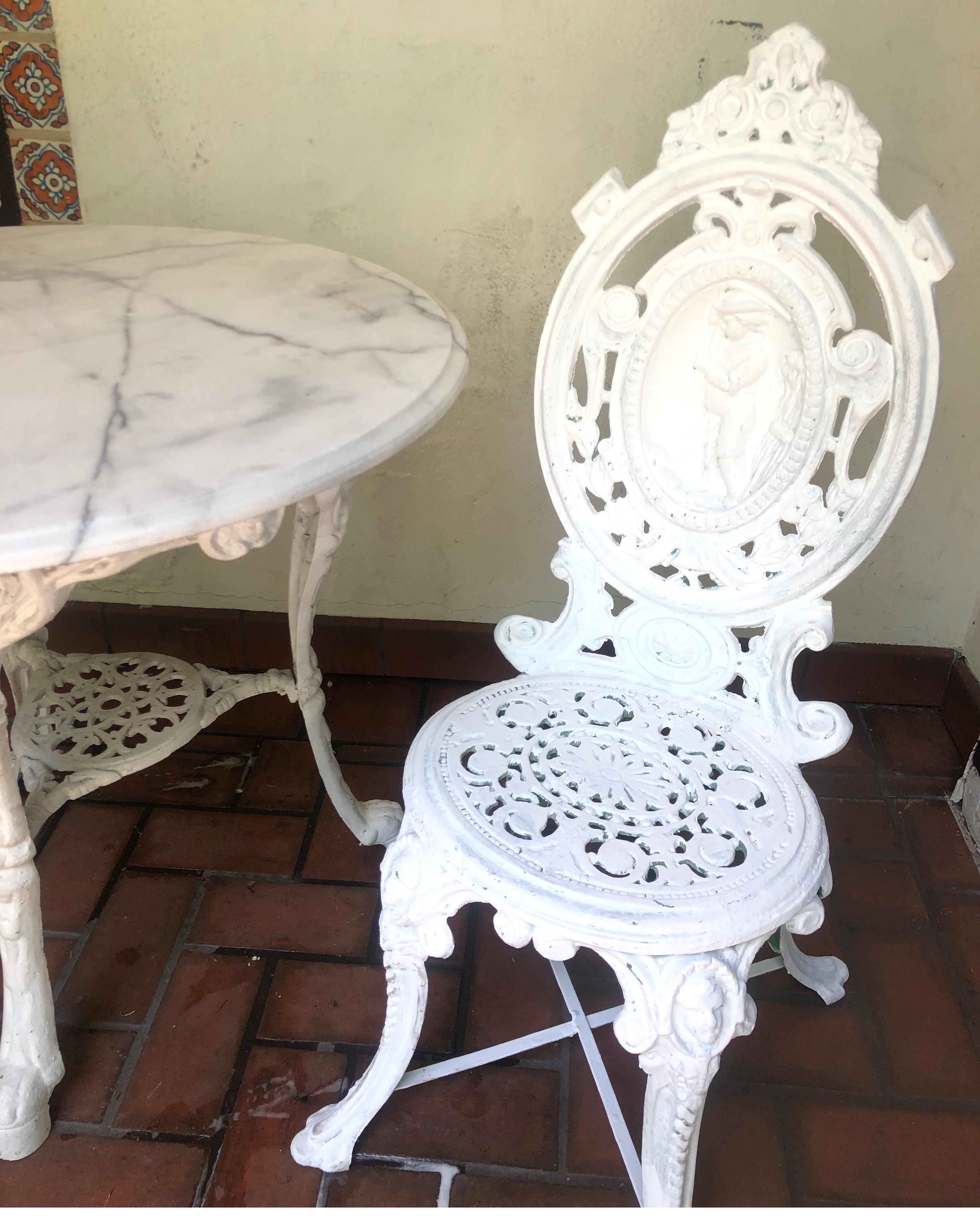 British Colonial English Victorian White Cast Iron Table with Chairs and Marble Top
