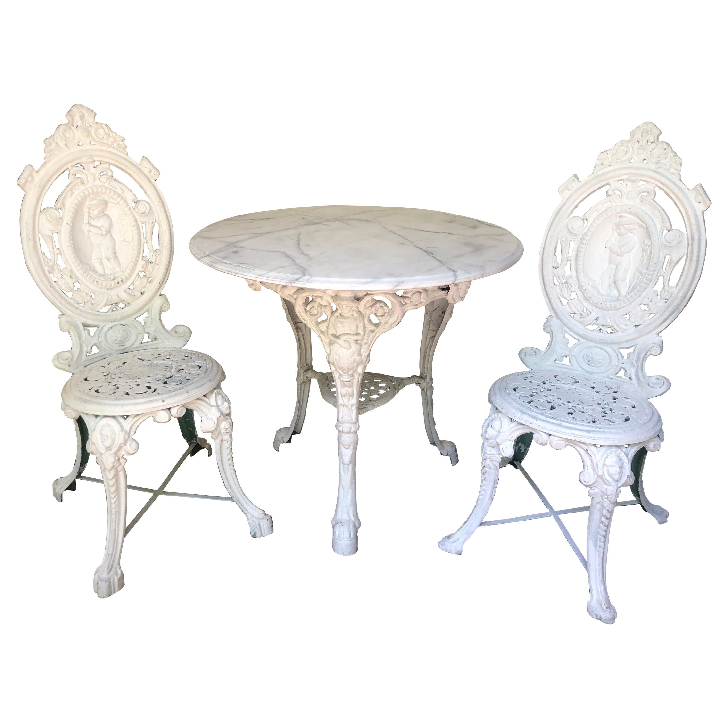 English Victorian White Cast Iron Table with Chairs and Marble Top