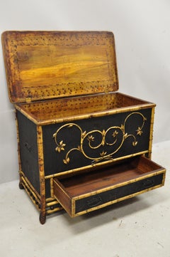 English Victorian Wicker Charred Burnt Bamboo Stick and Ball Blanket Chest Trunk