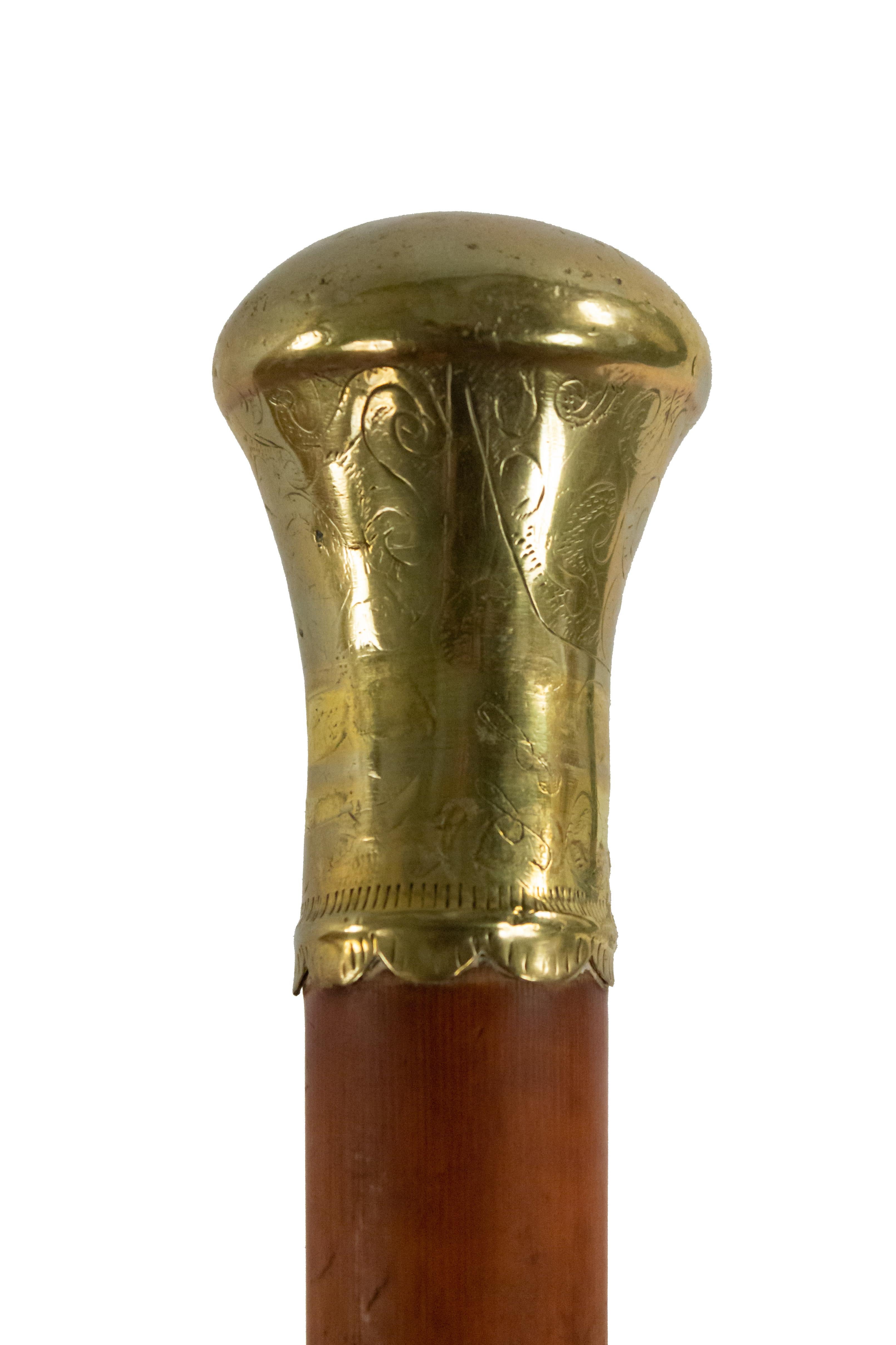 Etched English Victorian Wood and Brass Cane For Sale