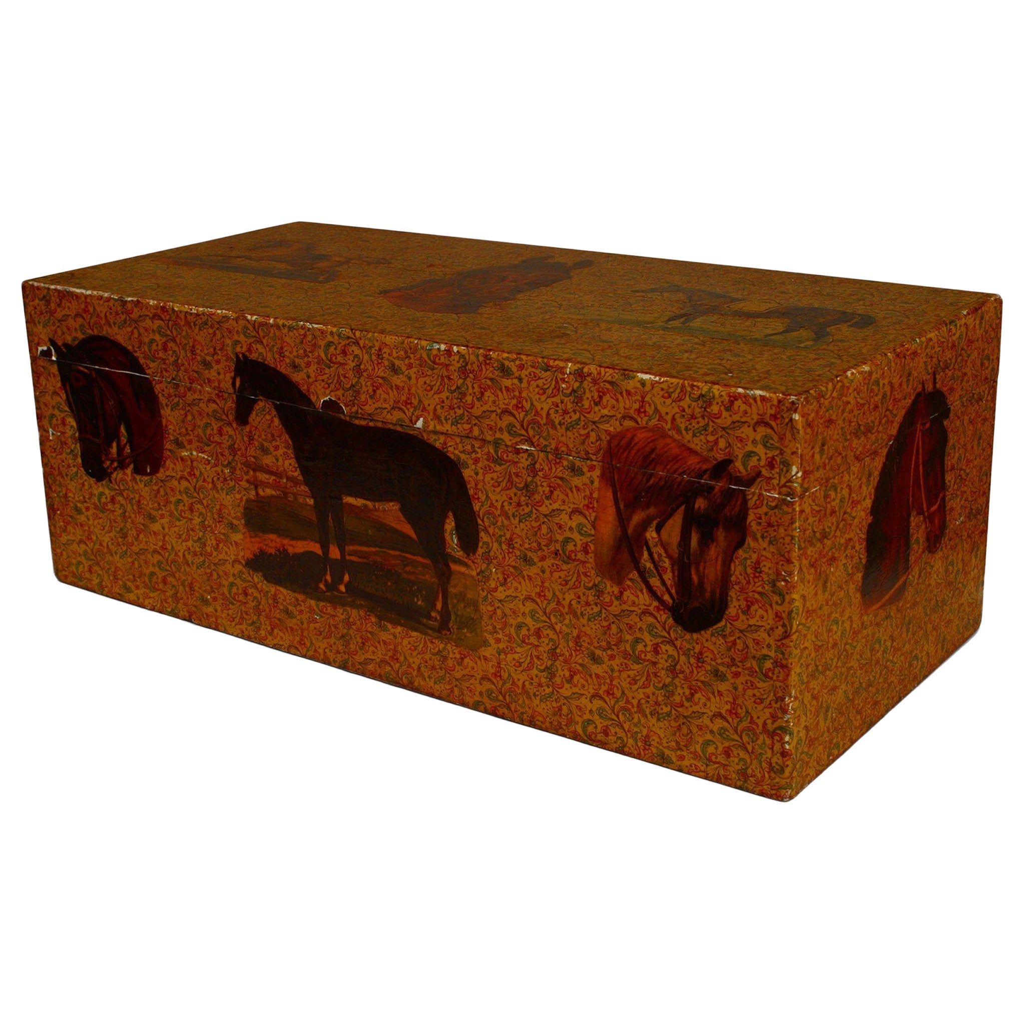 English Victorian Wooden Box with Horses For Sale