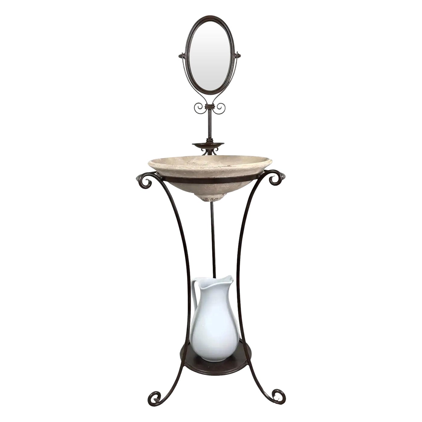 Stand de lavage victorien anglais en fer forgé avec miroir ovale, bassin et pichet en vente