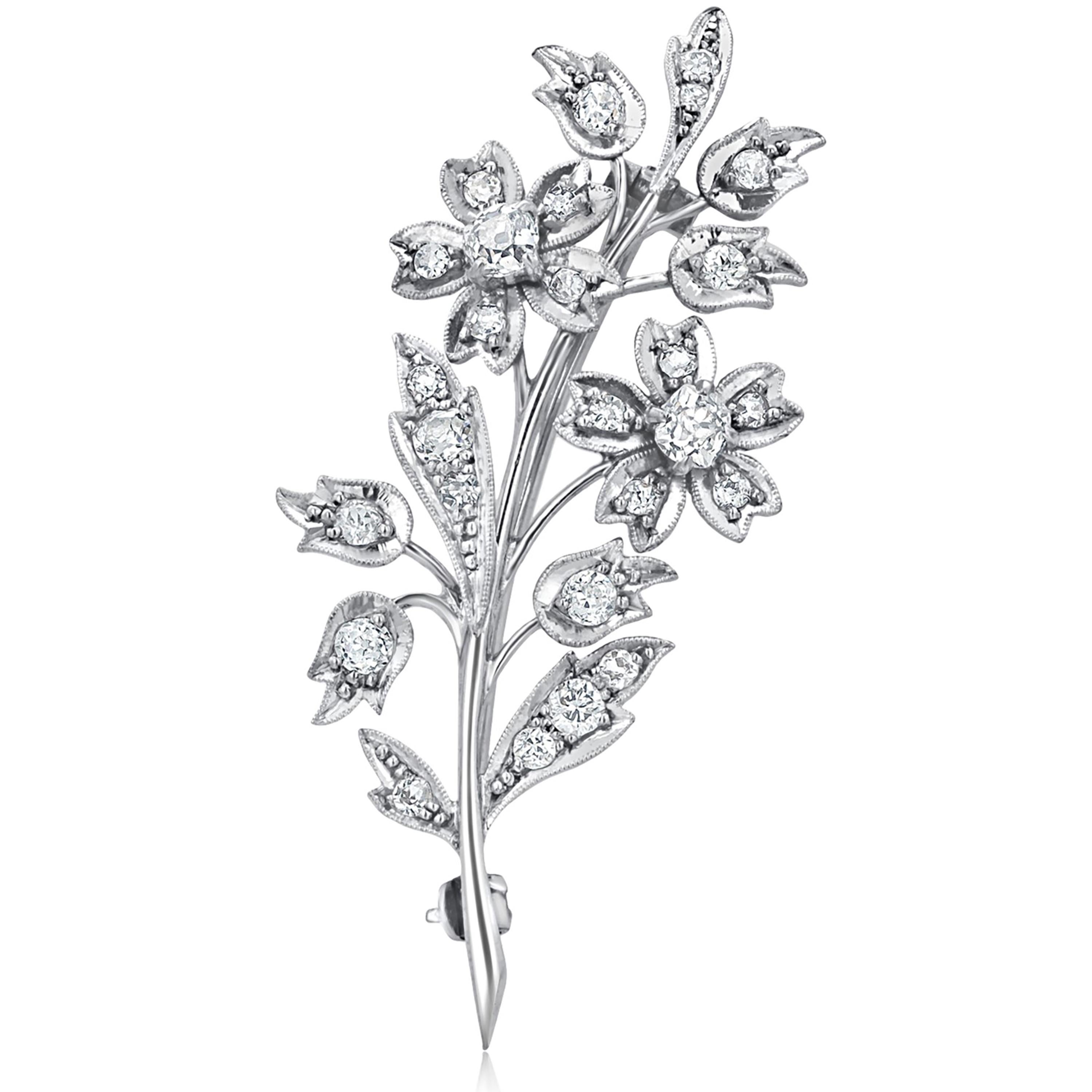 Retro English Vintage 18 Karat White Gold Diamond 1 Carat Flower 2.2 Inch Long Brooch  For Sale