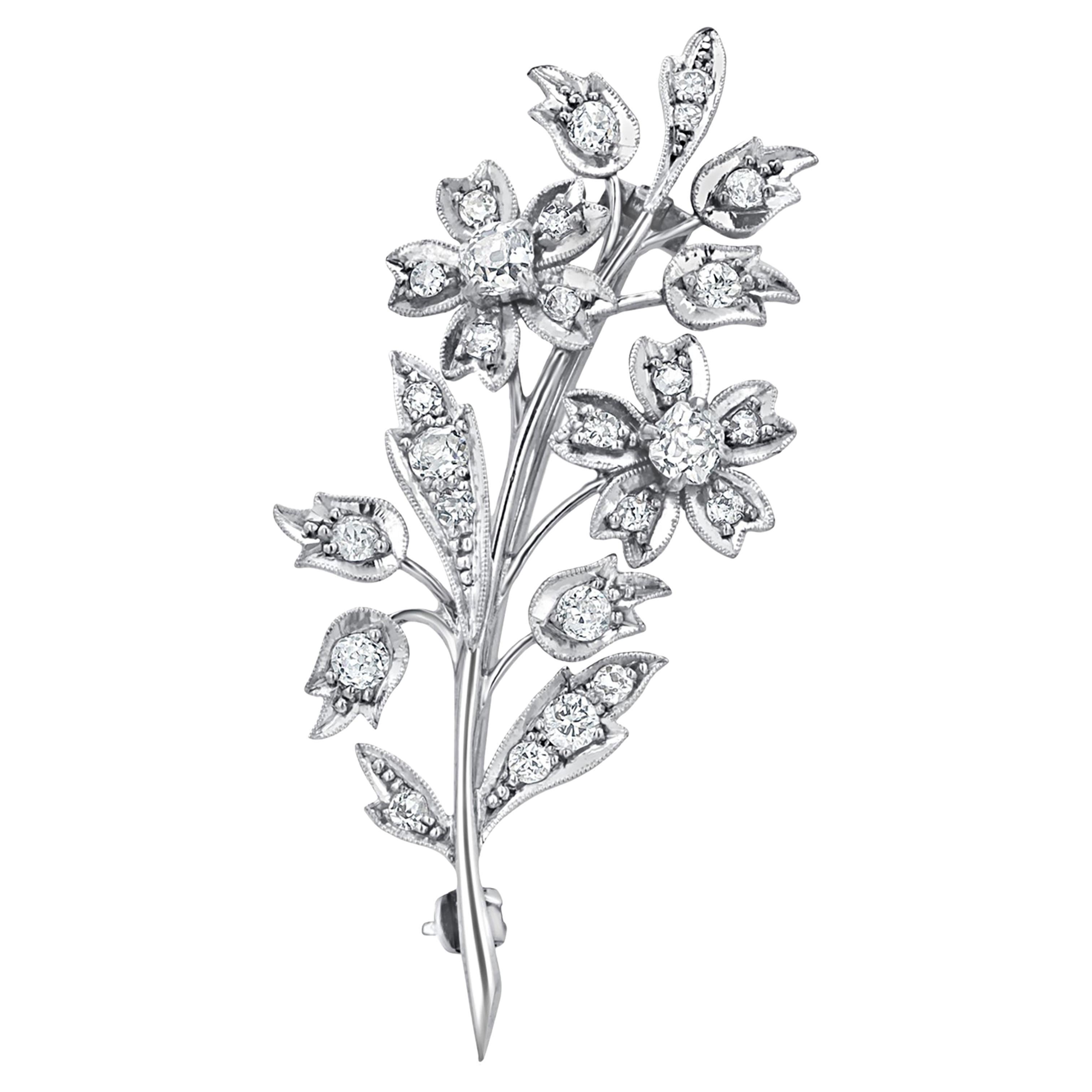 English Vintage 18 Karat White Gold Diamond 1 Carat Flower 2.2 Inch Long Brooch 