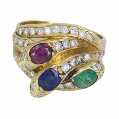 English Vintage 18k Gold Diamond Ruby Emerald Sapphire Snake Ring