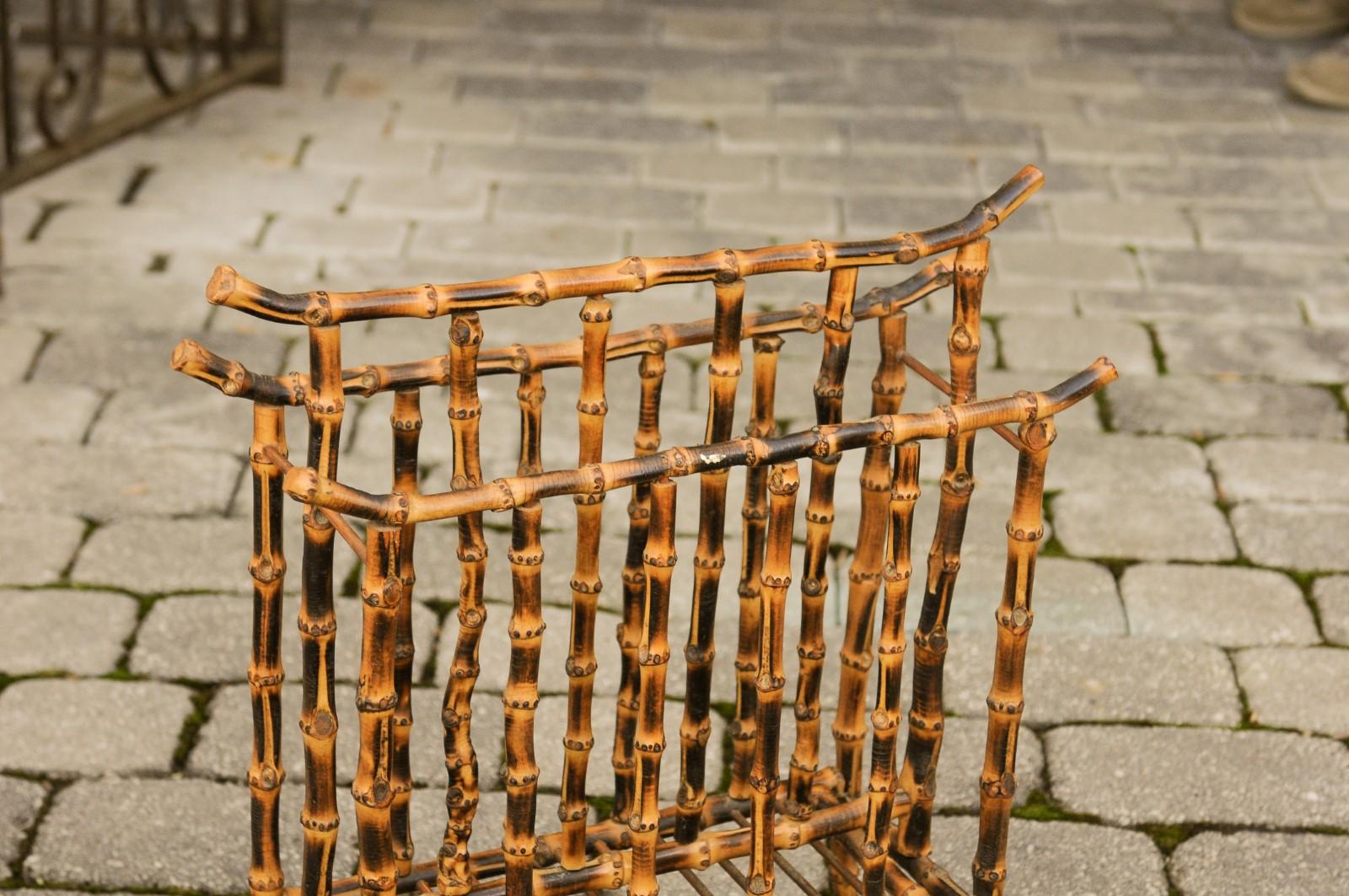 20th Century English Vintage 1950s Mottled Bamboo Magazine Rack with Chinoiserie Inspiration