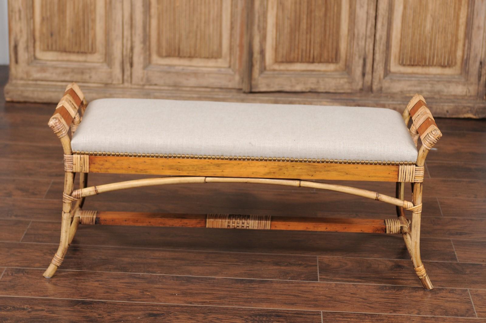 English Vintage Bamboo Midcentury Bench with New Upholstery and Arched Supports 4