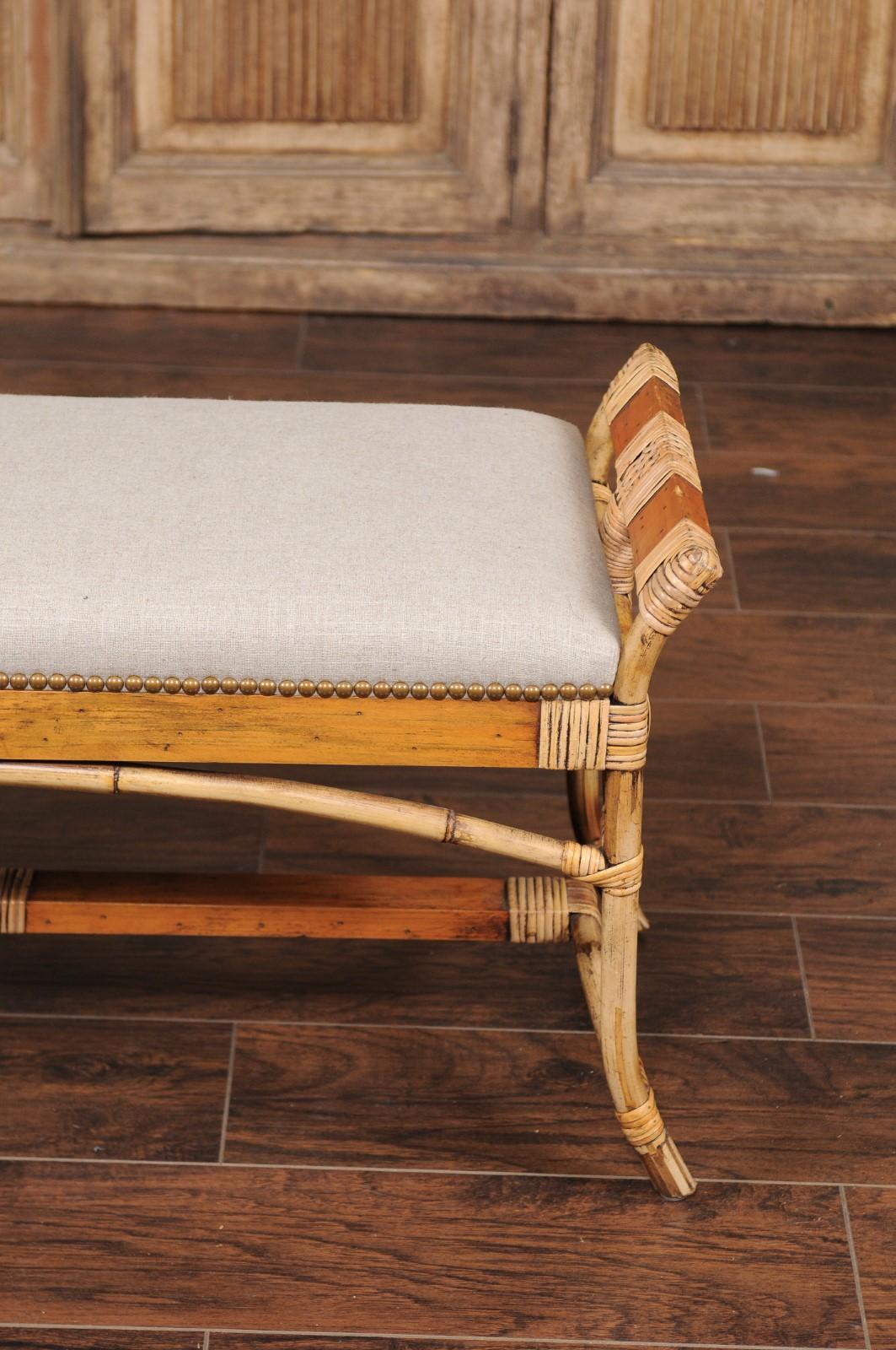 English Vintage Bamboo Midcentury Bench with New Upholstery and Arched Supports 5
