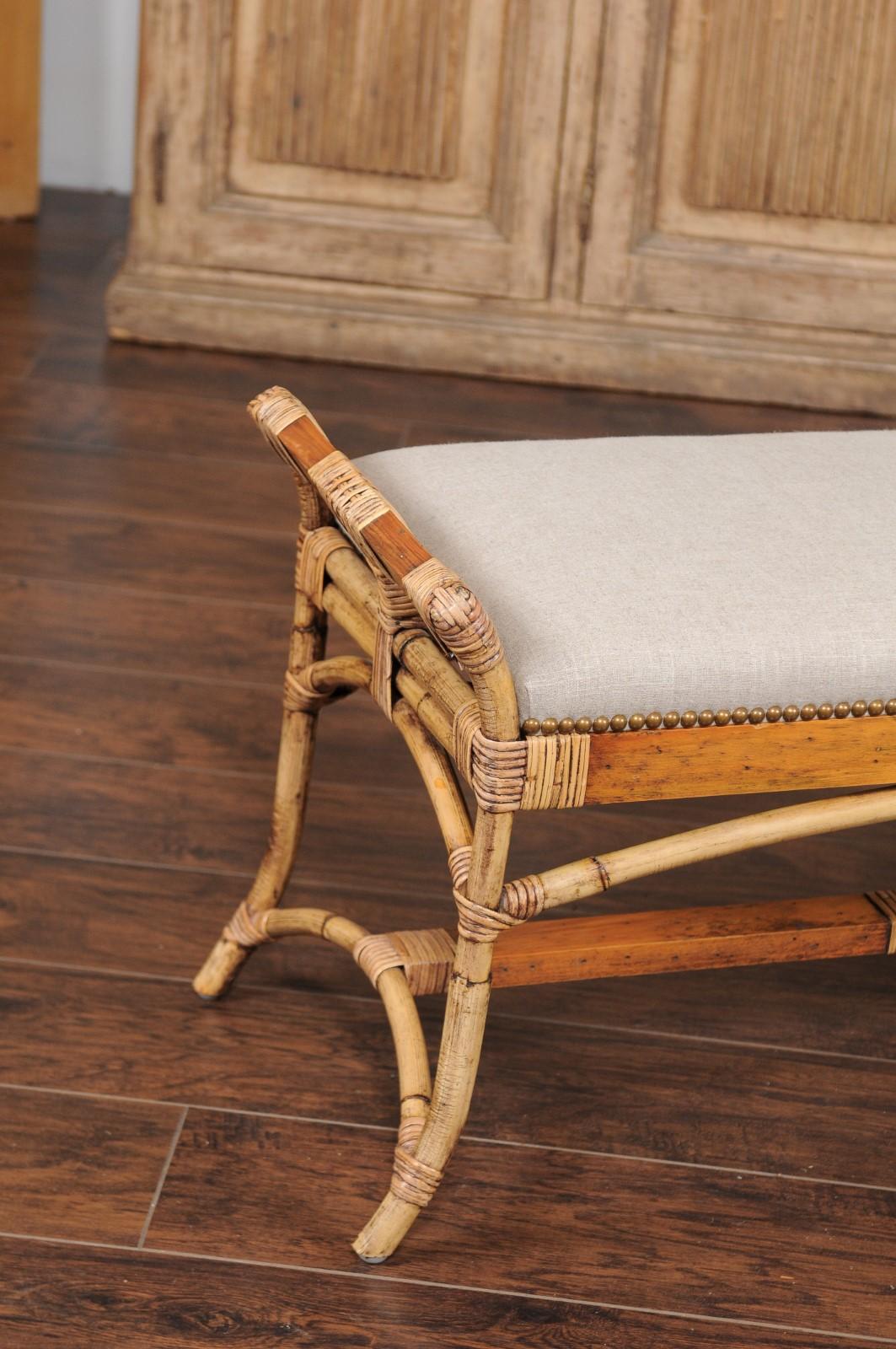 Mid-Century Modern English Vintage Bamboo Midcentury Bench with New Upholstery and Arched Supports