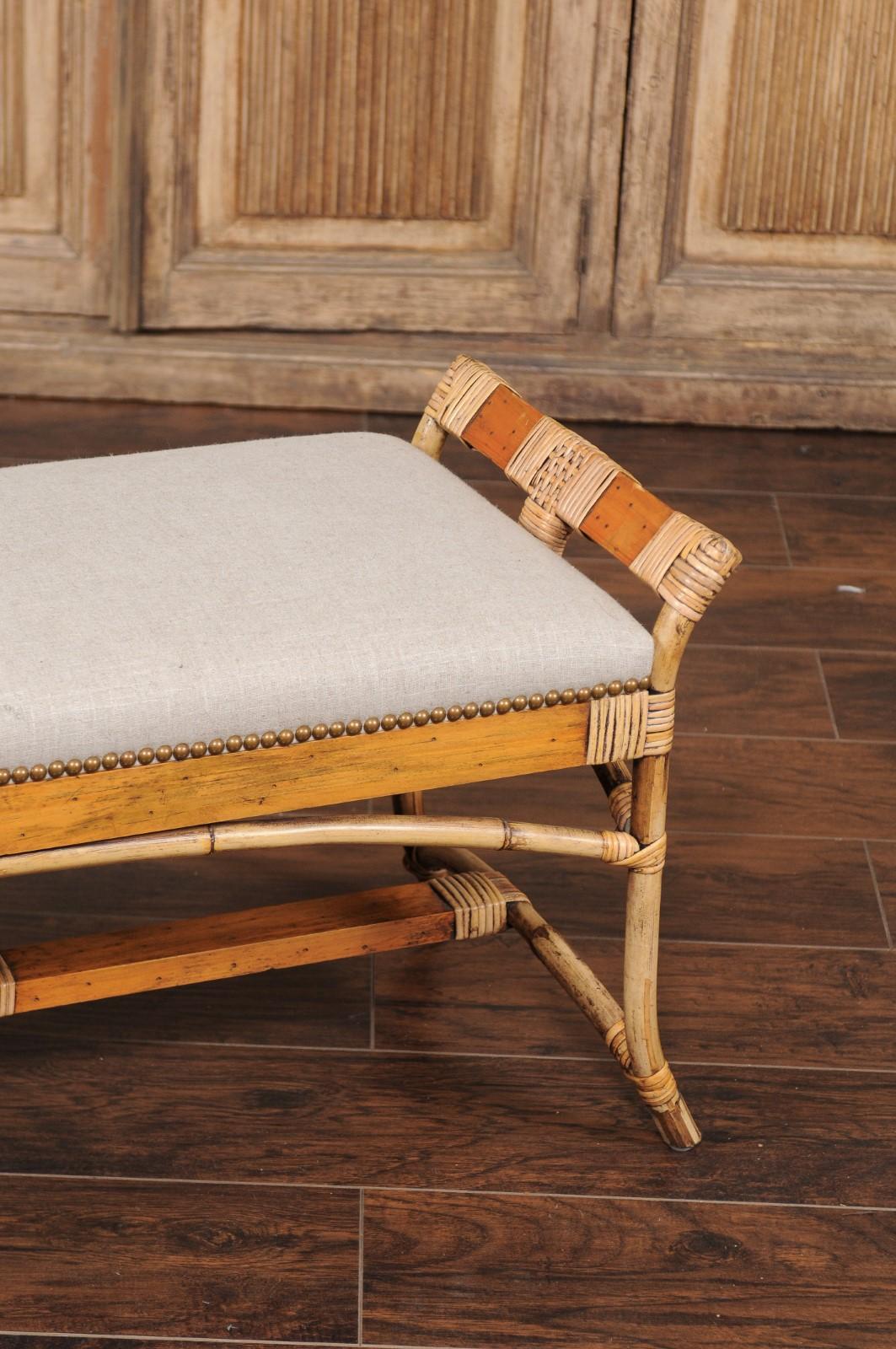 English Vintage Bamboo Midcentury Bench with New Upholstery and Arched Supports In Good Condition In Atlanta, GA