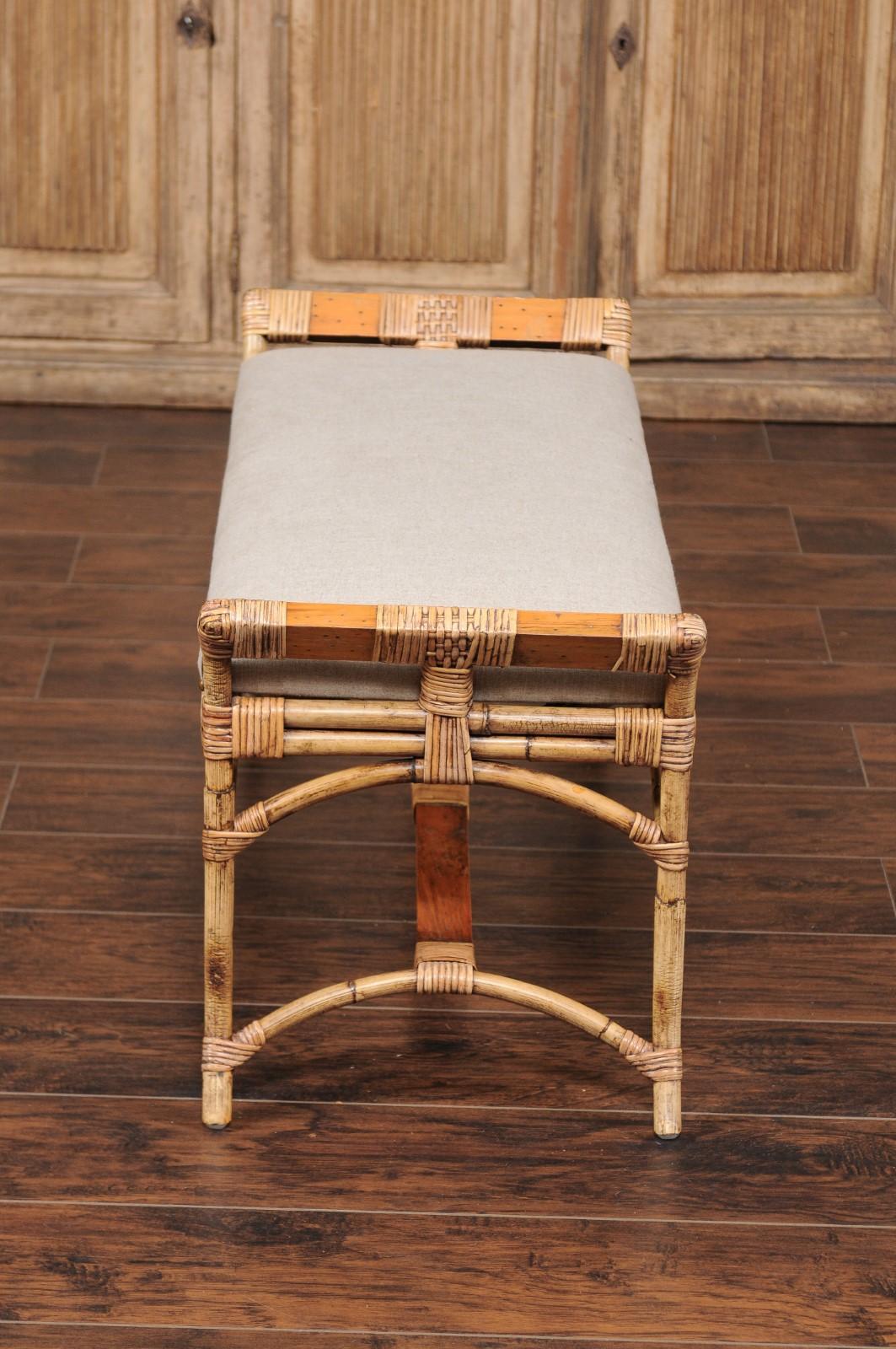 20th Century English Vintage Bamboo Midcentury Bench with New Upholstery and Arched Supports