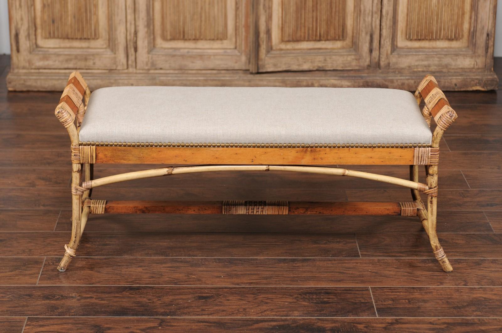 English Vintage Bamboo Midcentury Bench with New Upholstery and Arched Supports 1