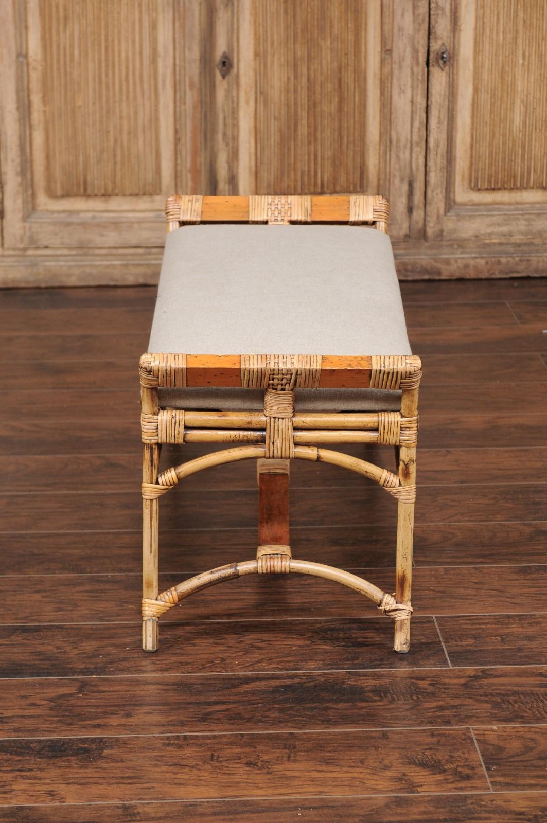 English Vintage Bamboo Midcentury Bench with New Upholstery and Arched Supports 2
