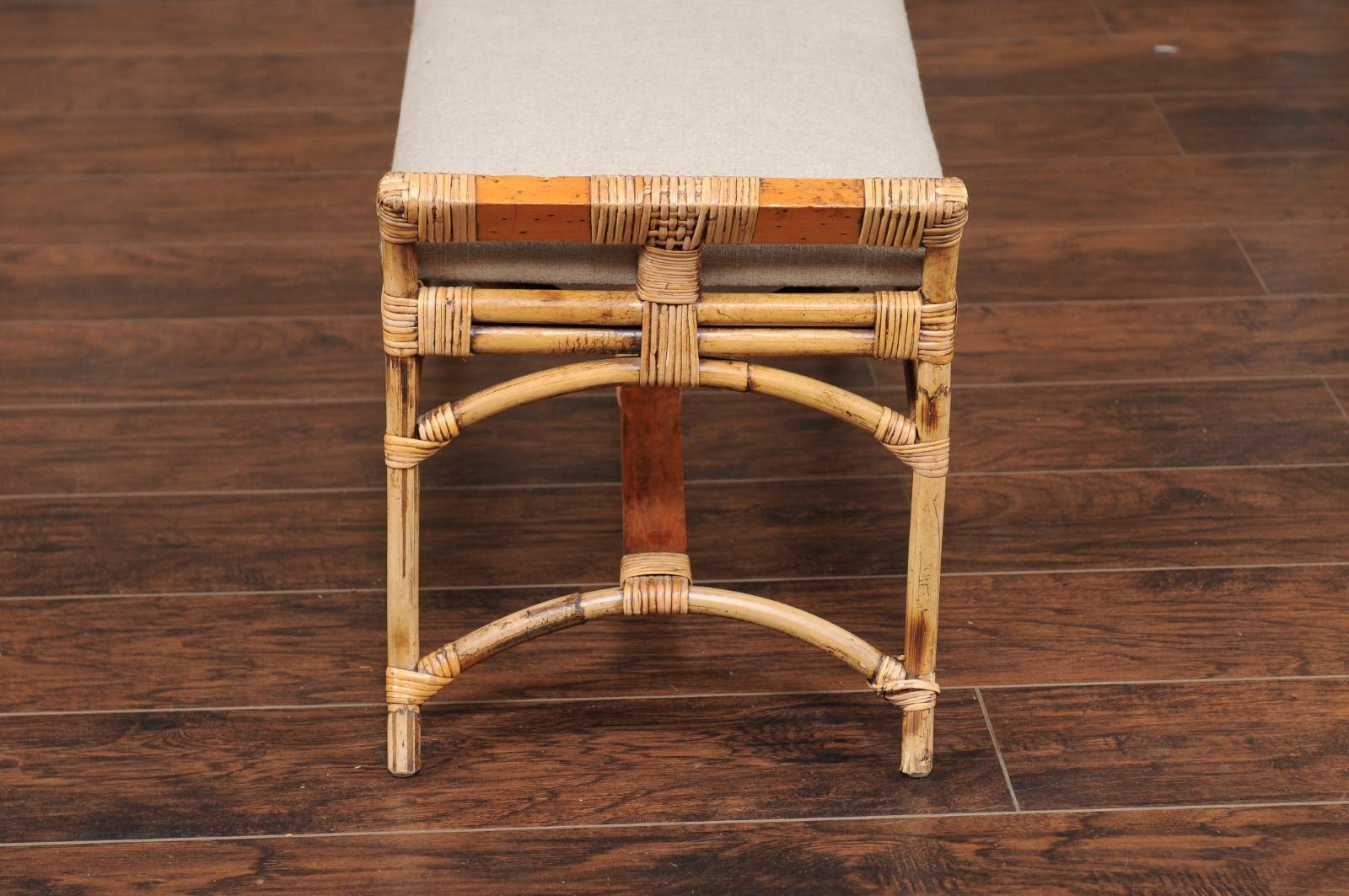 English Vintage Bamboo Midcentury Bench with New Upholstery and Arched Supports 3