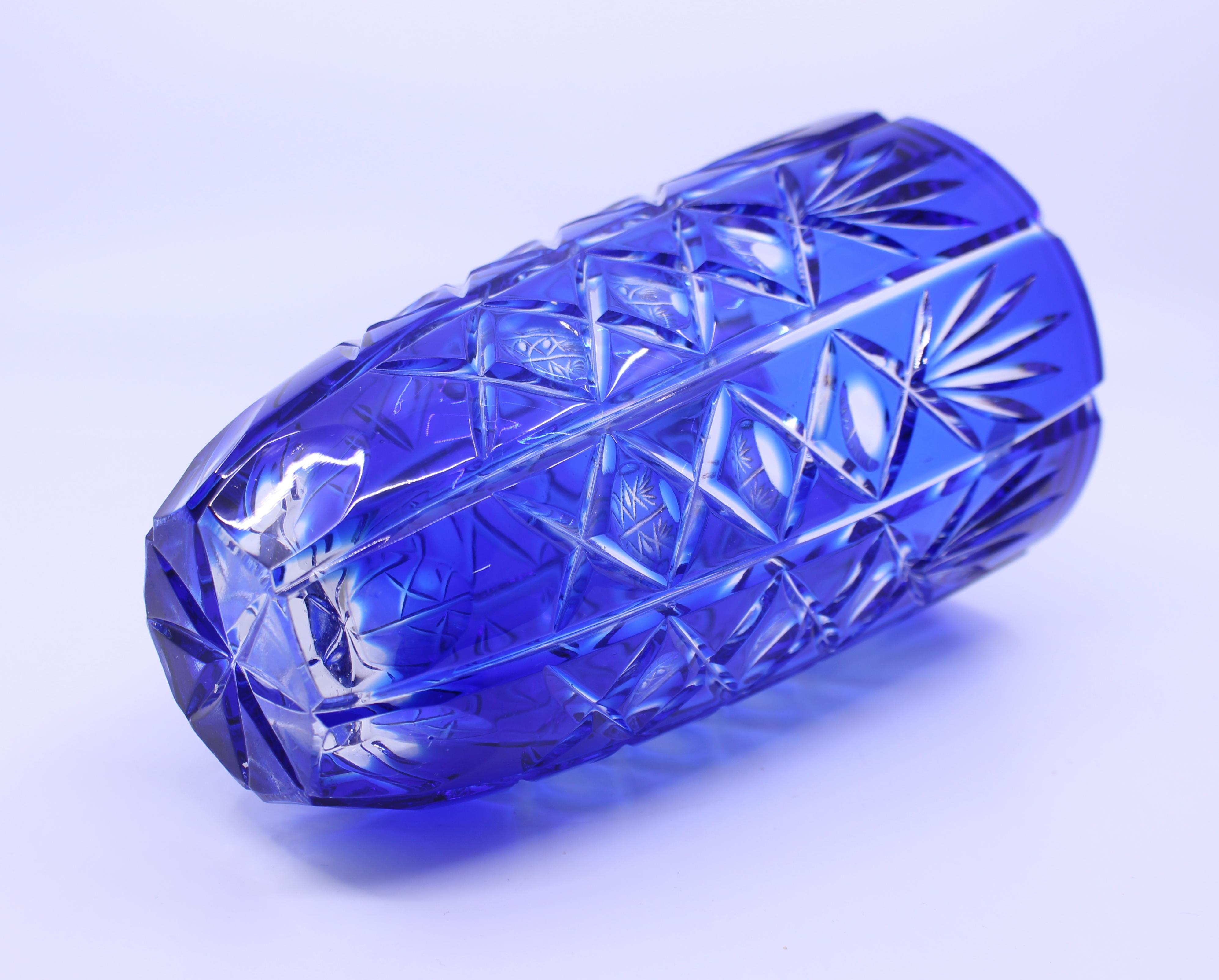 English Vintage Blue Overlay Crystal Glass Vase For Sale 2