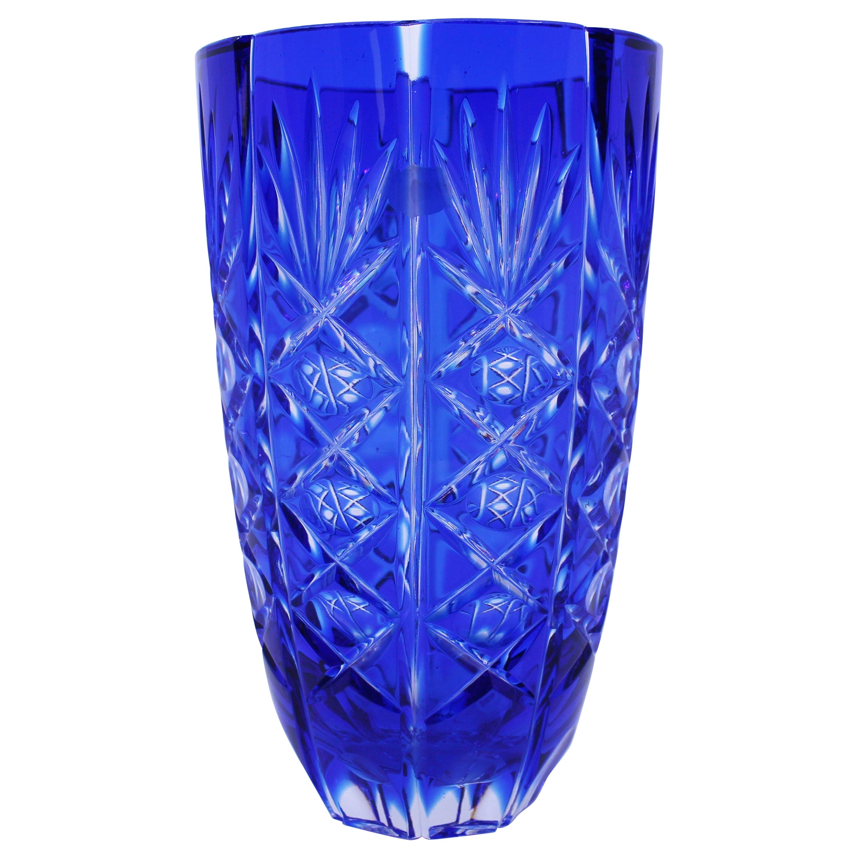 English Vintage Blue Overlay Crystal Glass Vase For Sale