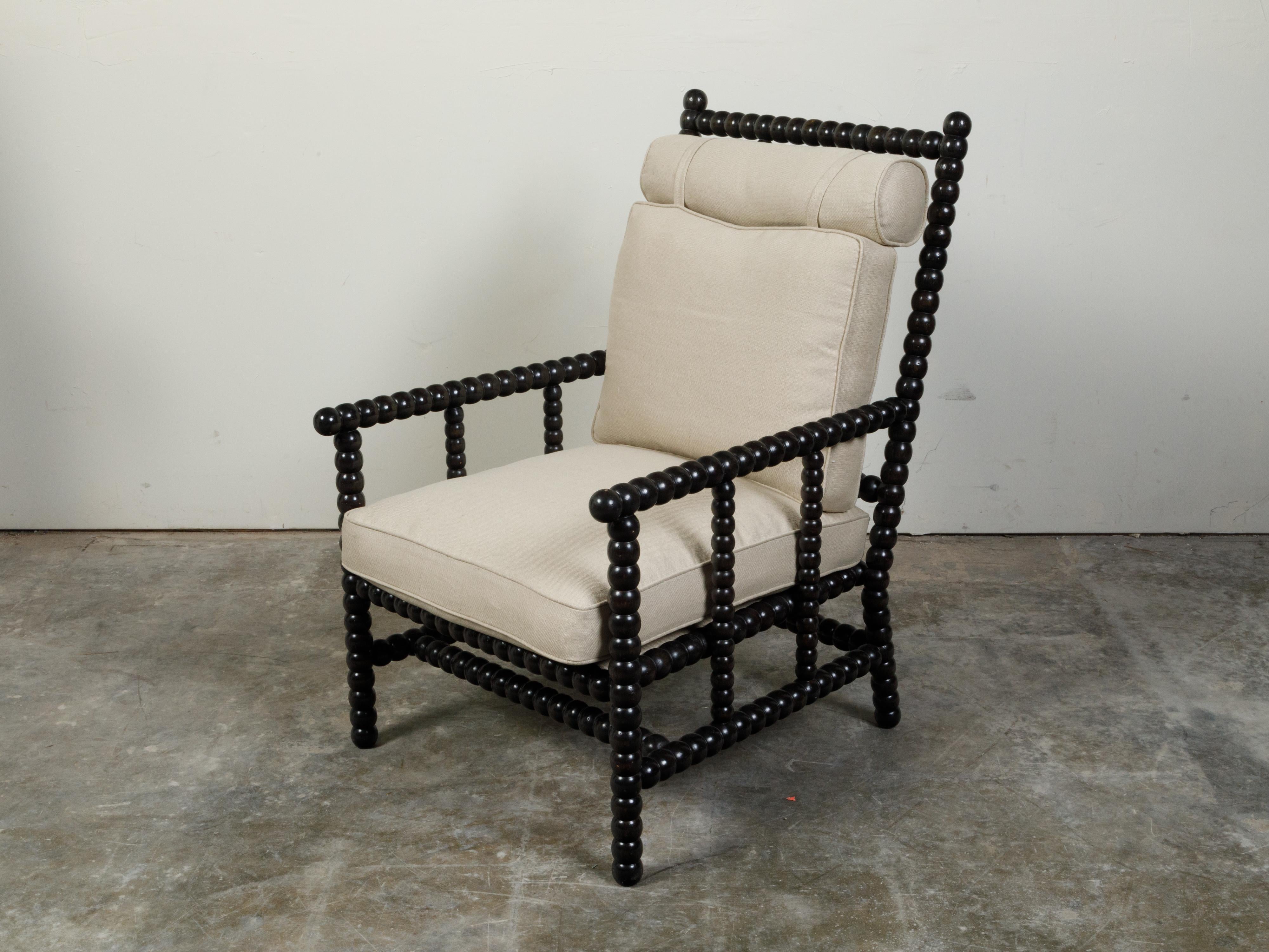 Turned English Vintage Bobbin Armchair with Custom Cushions and Dark Patina