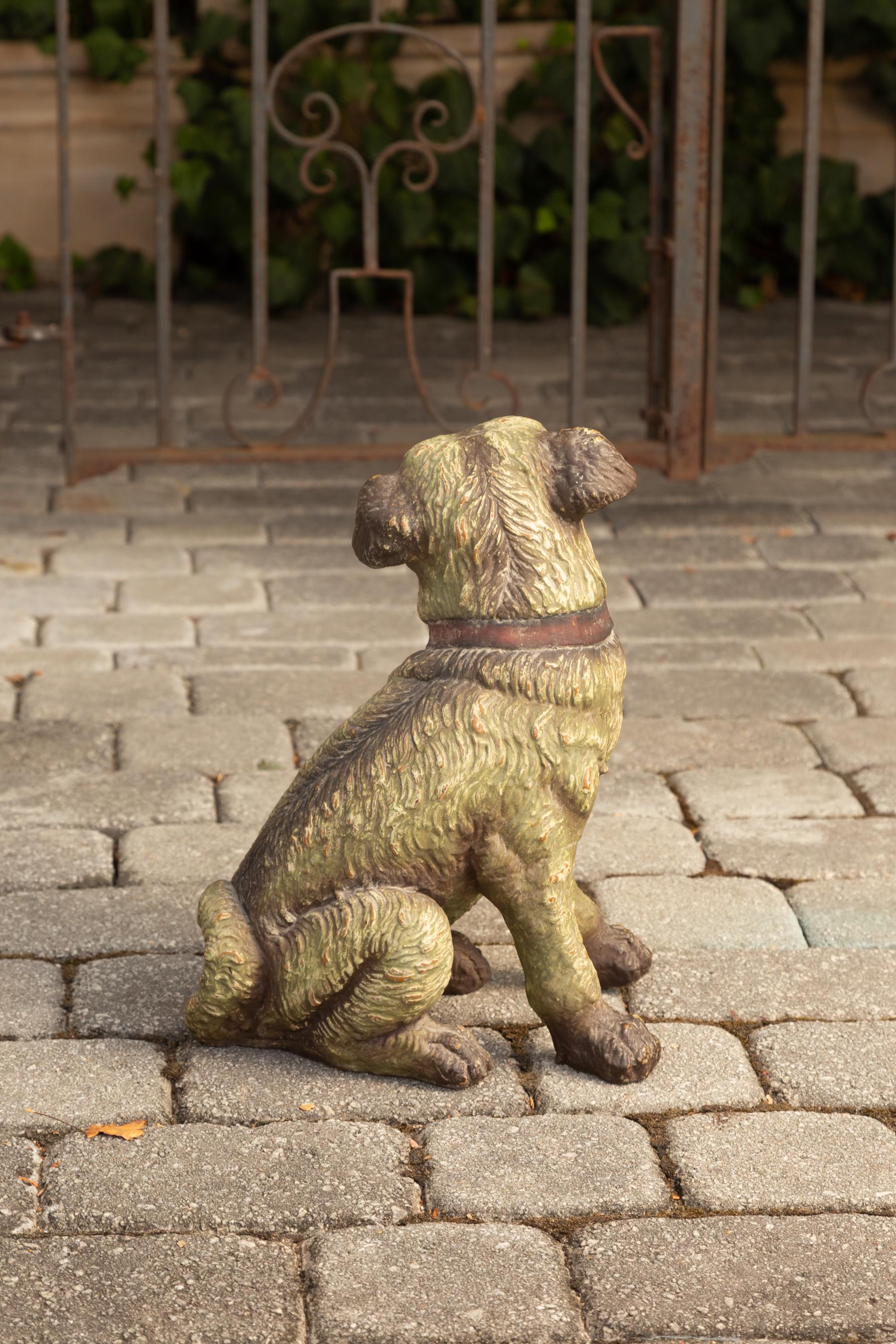 20th Century English Vintage Composition Sitting Dog Sculpture with Glass Eyes and Red Collar For Sale