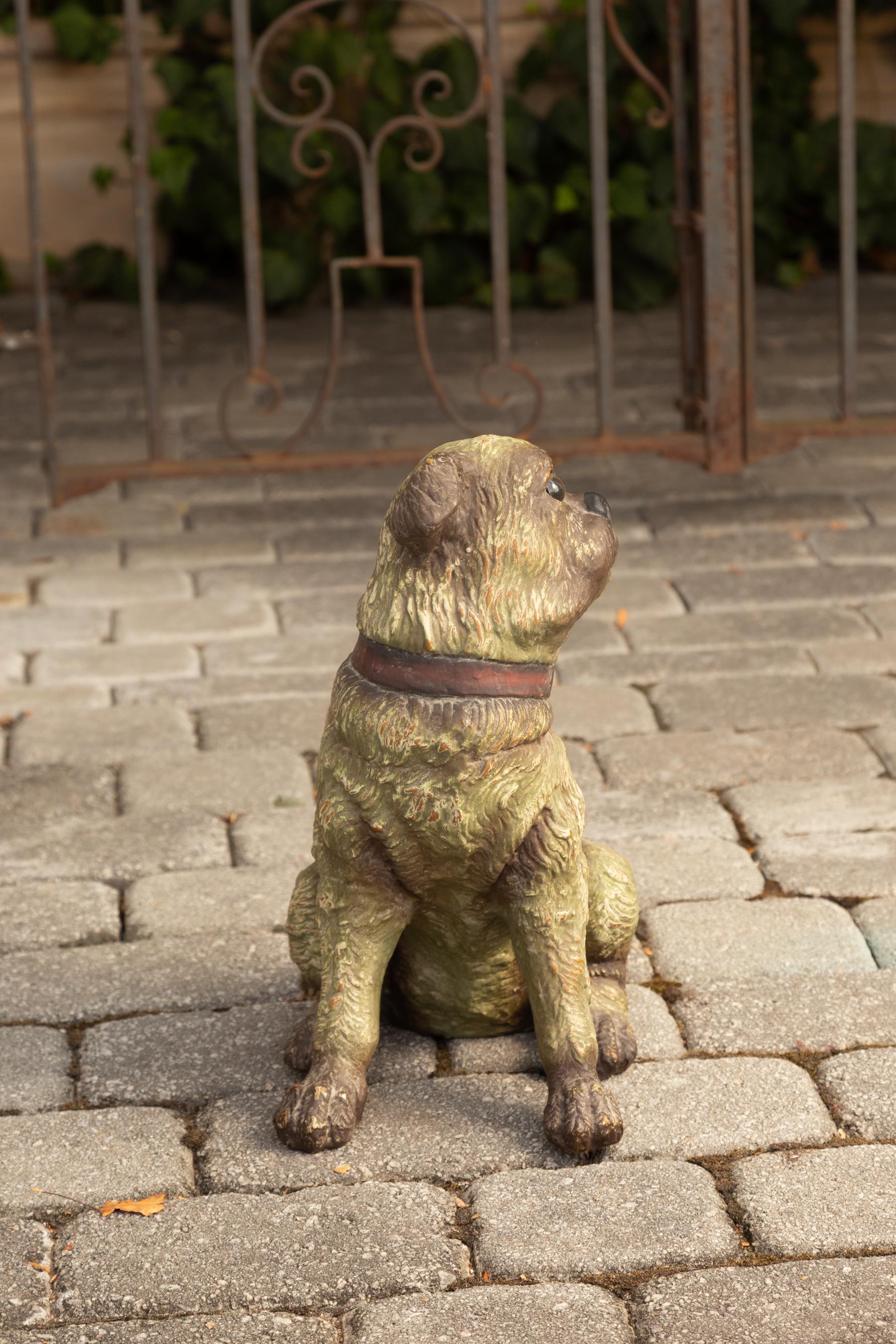 Terracotta English Vintage Composition Sitting Dog Sculpture with Glass Eyes and Red Collar For Sale
