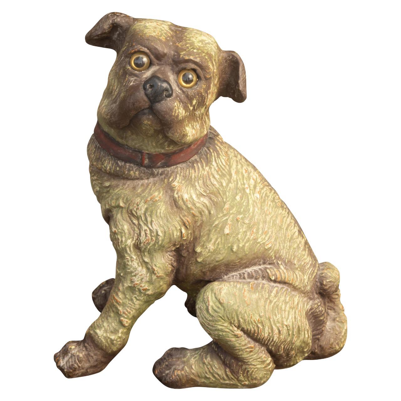 English Vintage Composition Sitting Dog Sculpture with Glass Eyes and Red Collar For Sale