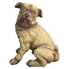 English Vintage Composition Sitting Dog Sculpture with Glass Eyes and Red Collar