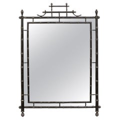 English Vintage Faux-Bamboo Black Mirror W/Lattice Crest