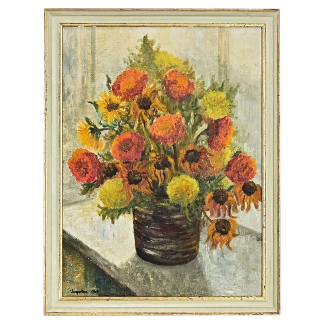 Floral Still Life Painting, Oil on Canvas, Signed 1968, Modern Style