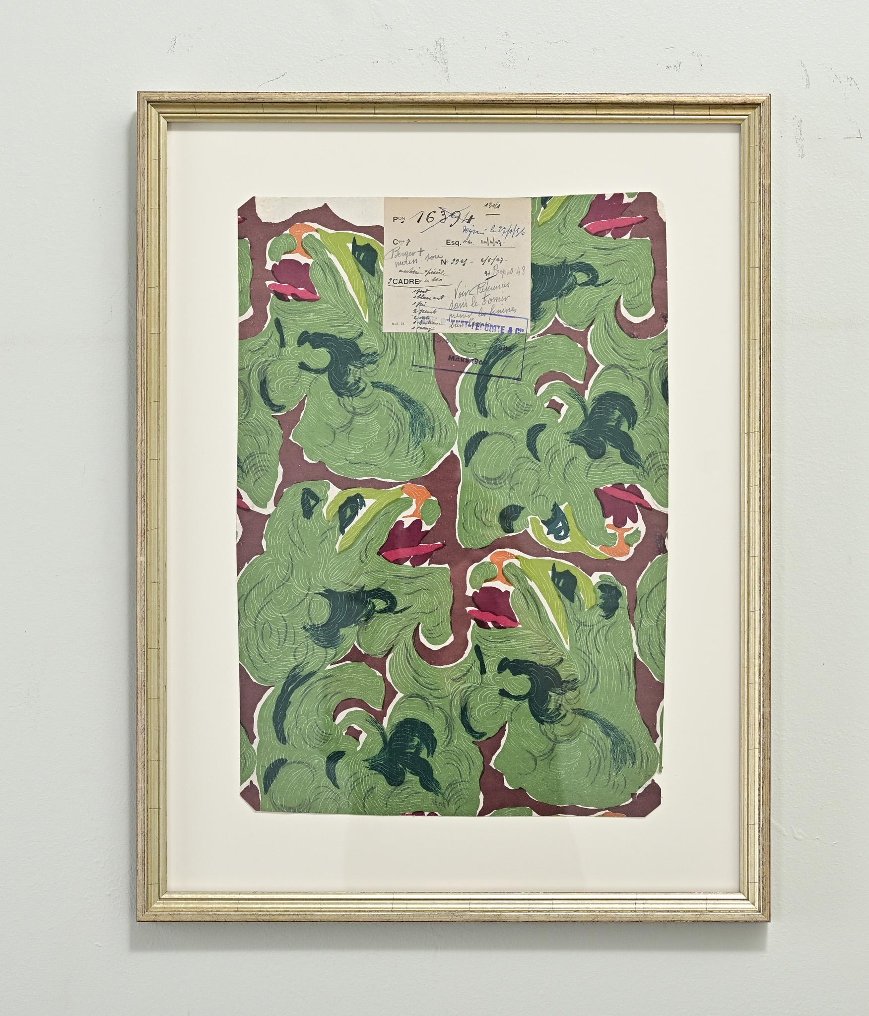 This is an original English hand colored wallpaper strike-off from the 1930’s. The wallpaper sample has a new mat surrounded by a gilt frame, protective glass and hanger. This mix of modern and antiquity compliment each other well. View the detailed