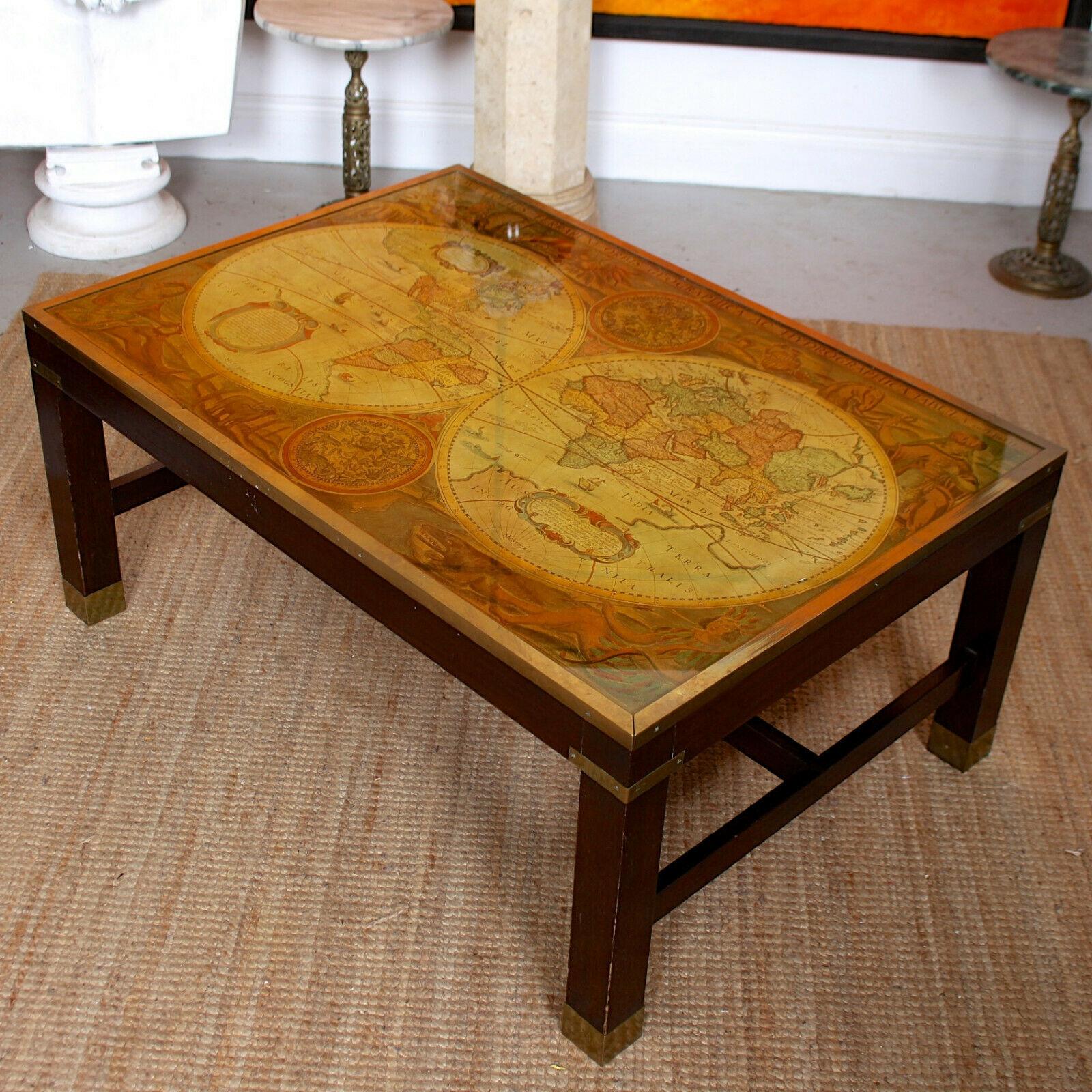 English Vintage Map Globe Coffee Table Brass Campaign Glass Enamel Paint For Sale 4