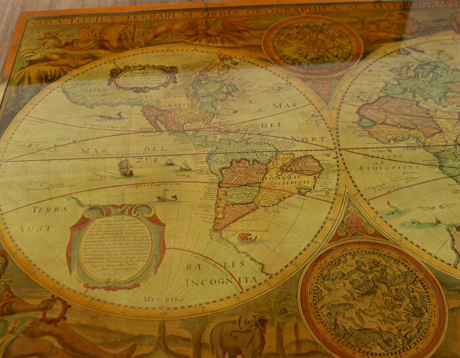 English Vintage Map Globe Coffee Table Brass Campaign Glass Enamel Paint For Sale 1