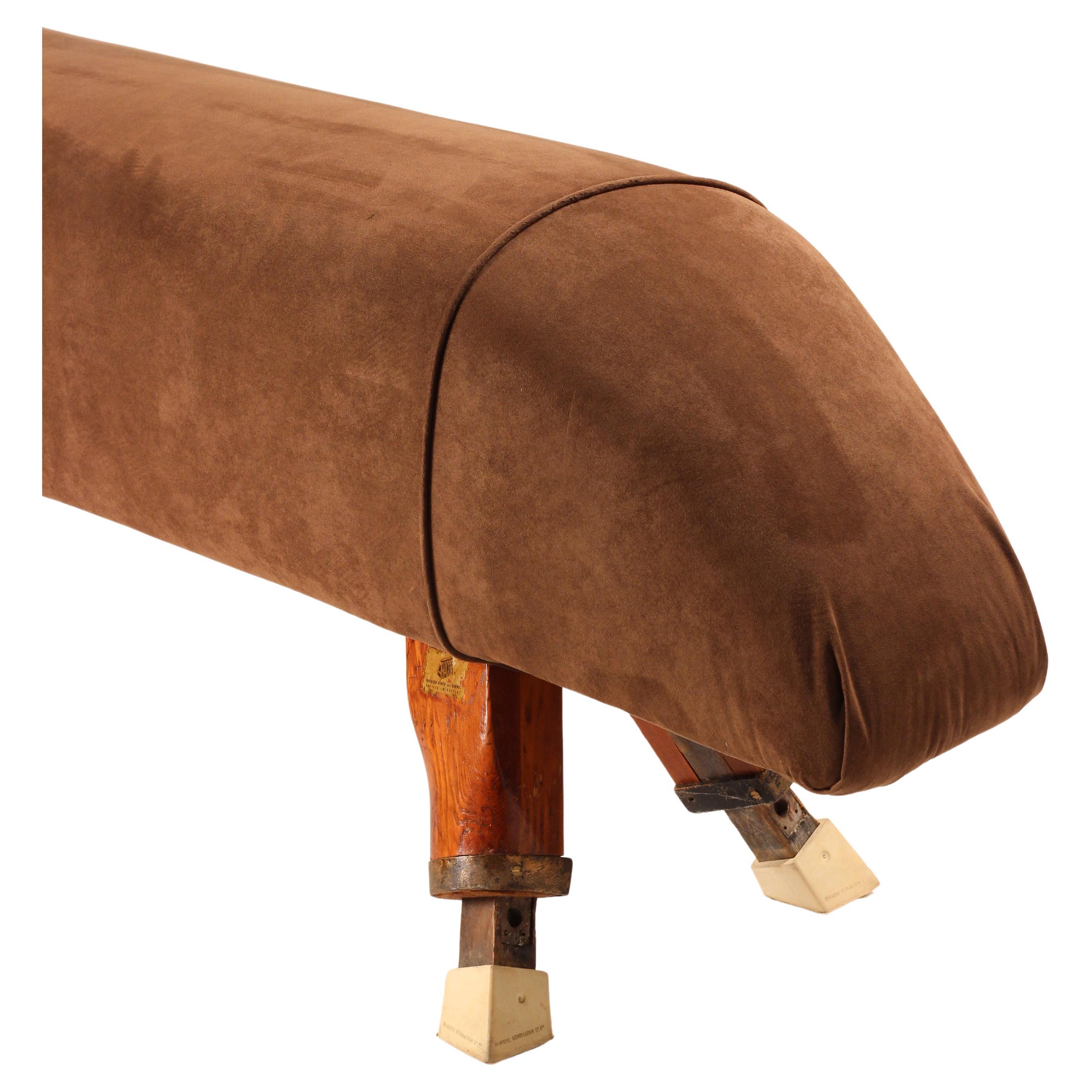English Vintage Pommel Horse reupholstered in Suede and repurposed as a bench For Sale 6