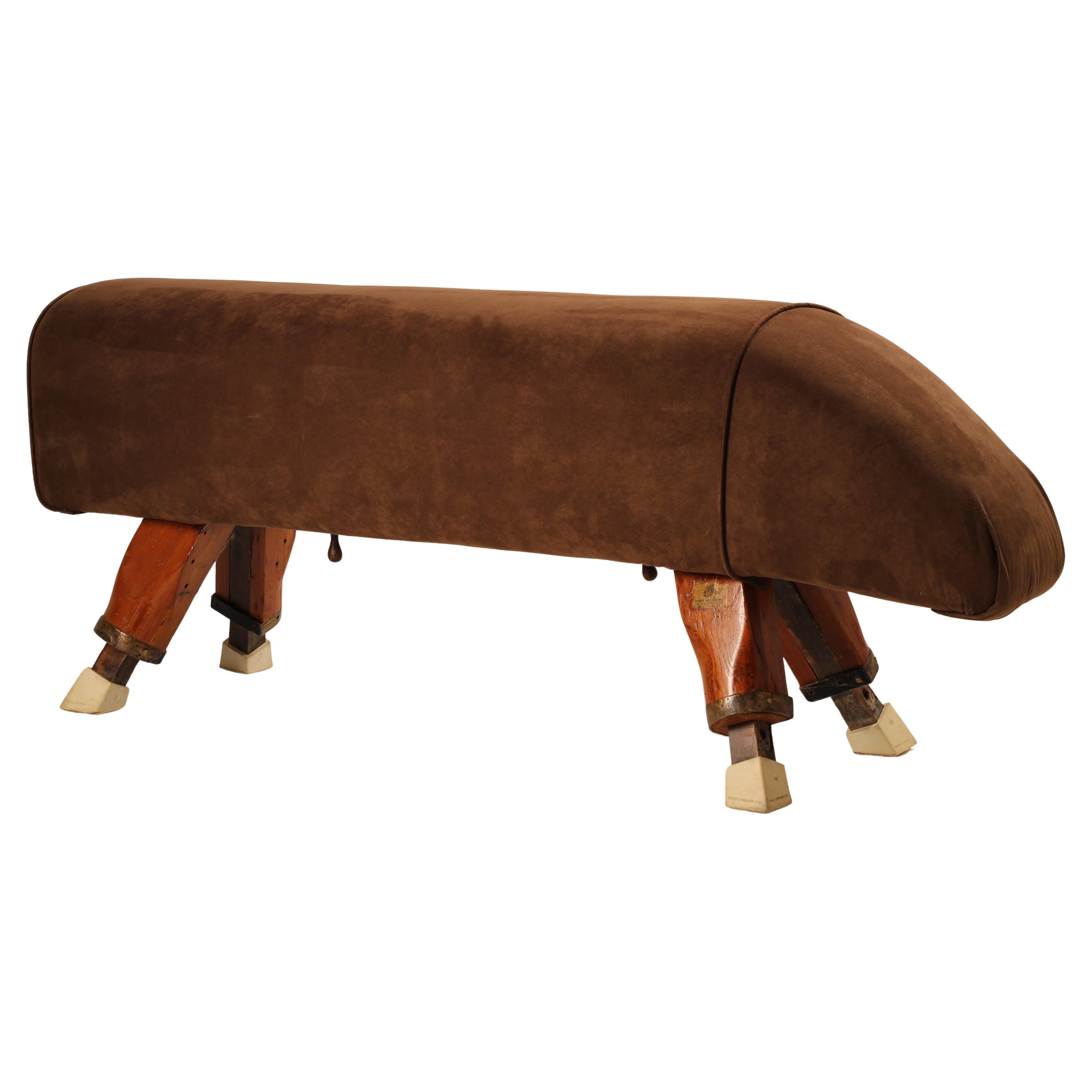 English Vintage Pommel Horse reupholstered in Suede and repurposed as a bench For Sale 8