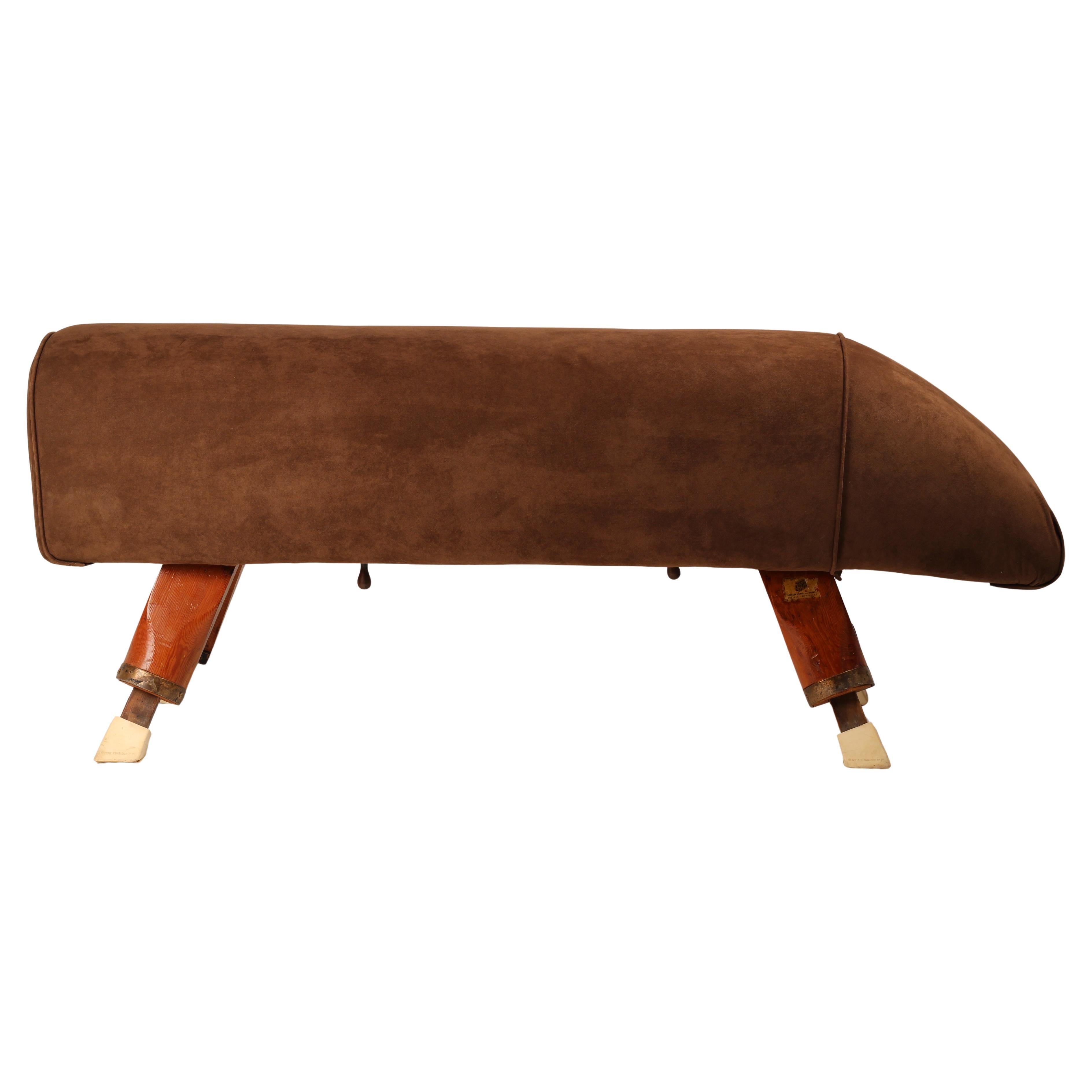 English Vintage Pommel Horse reupholstered in Suede and repurposed as a bench For Sale