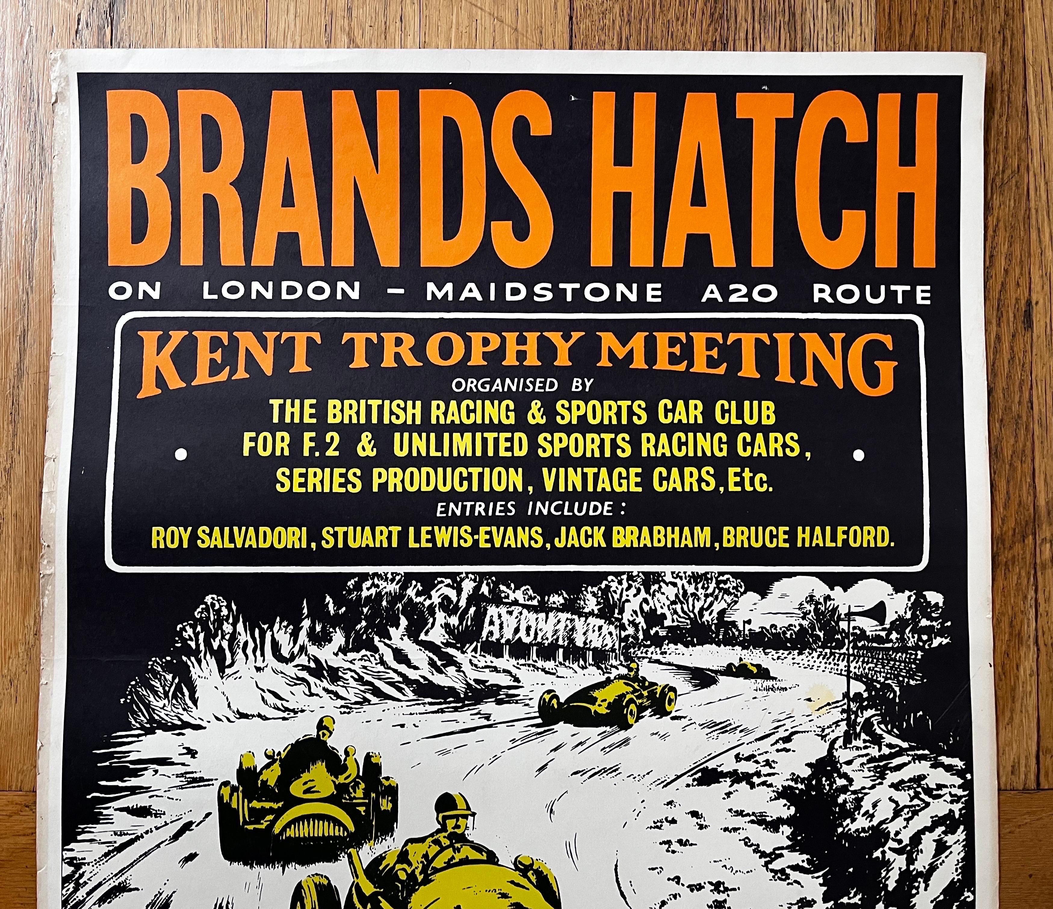English Vintage Racing Poster
Brands Hatch Motor Racing c. 1956 

some discoloration, wrinkles and folds, etc.

