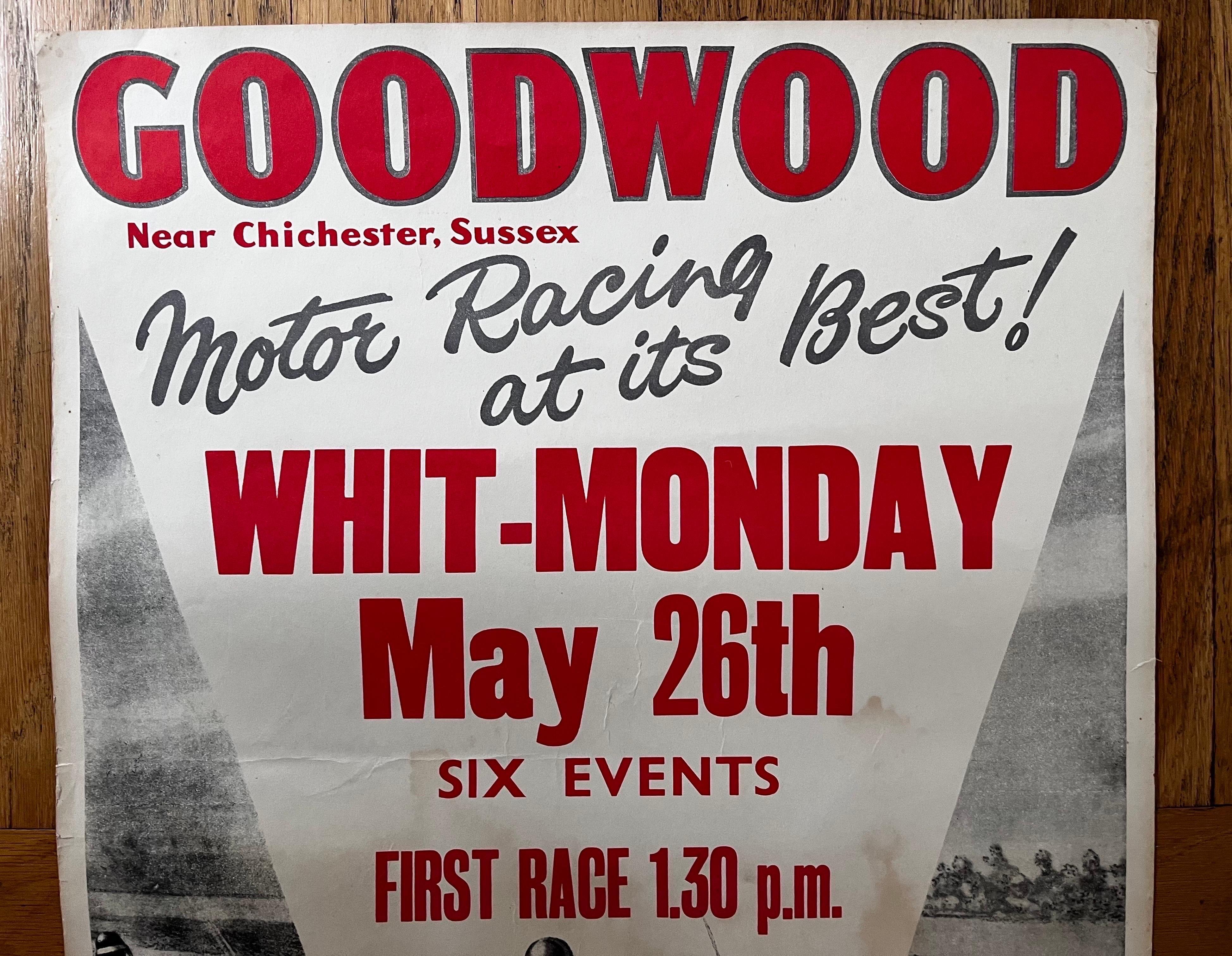 English Vintage Racing Poster
Goodwood Whit-Monday Motor Racing, c. 1958

some discoloration, wrinkles and folds, and a rip at bottom edge, etc.

