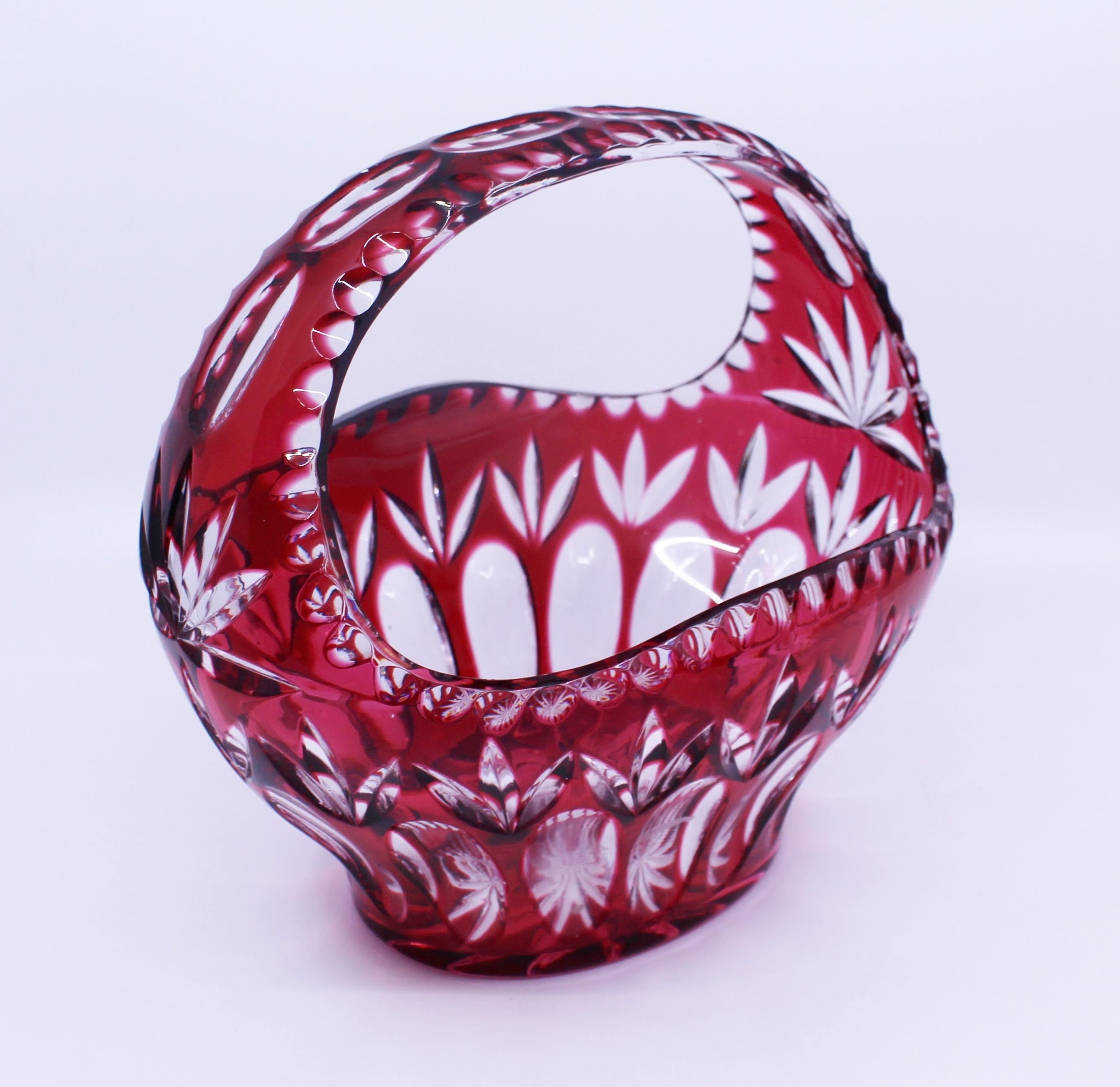 20th Century English Vintage Ruby Overlay Crystal Basket For Sale