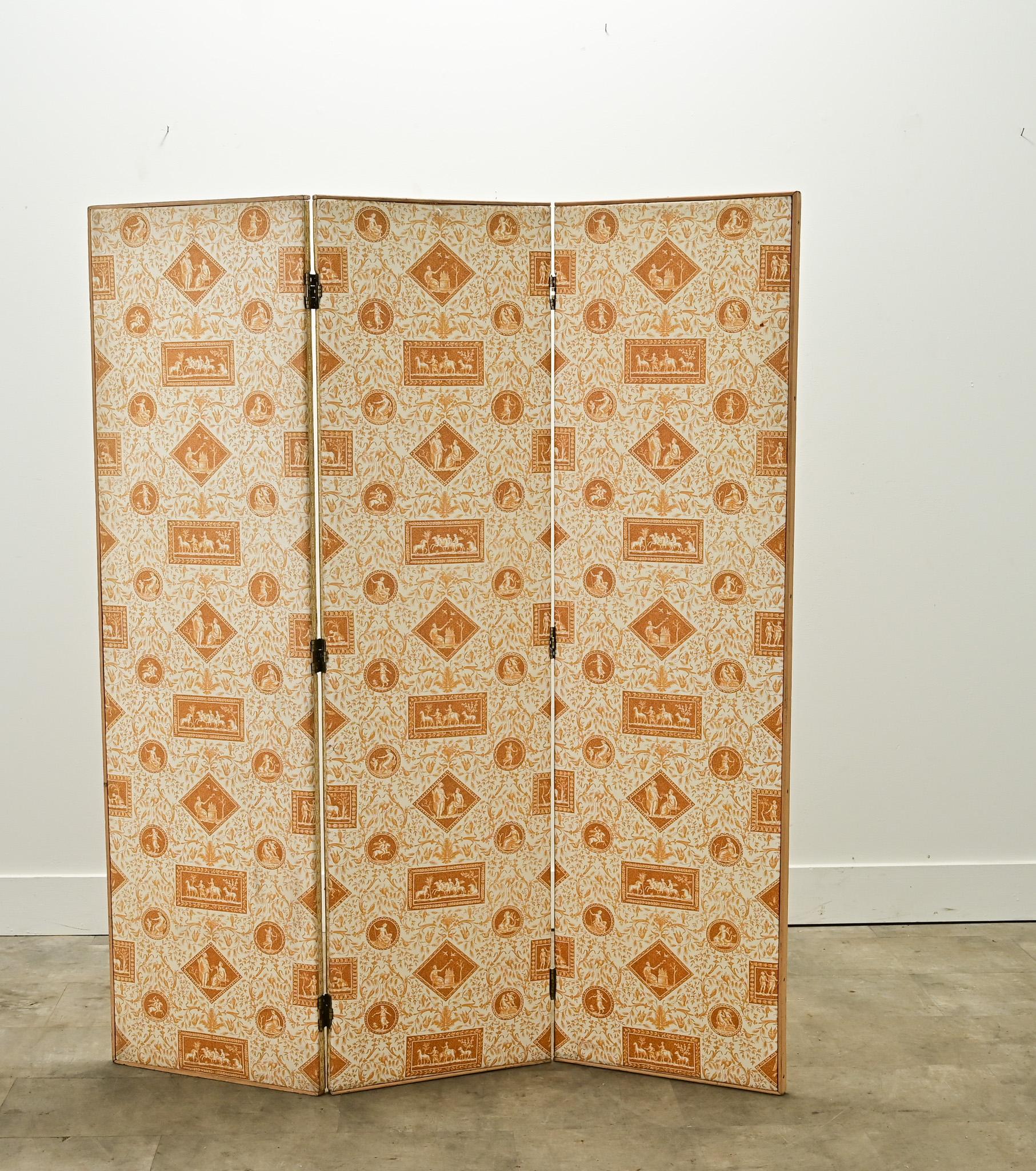 Wrapped in a beautiful ocre and ivory fabric, this three-panel screen will be the perfect piece to customize your room. Use it to create a private area or section off your interior to suit your needs and maximize the functionality of your space. The