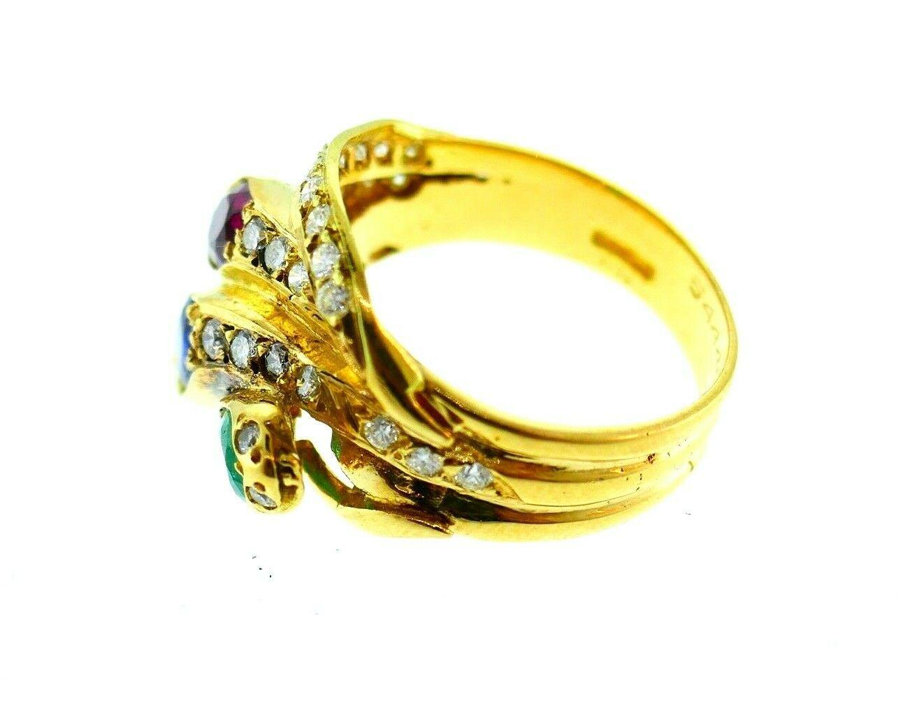 English Vintage Yellow Gold Diamond Ruby Emerald Sapphire Snake Ring In Excellent Condition In Beverly Hills, CA