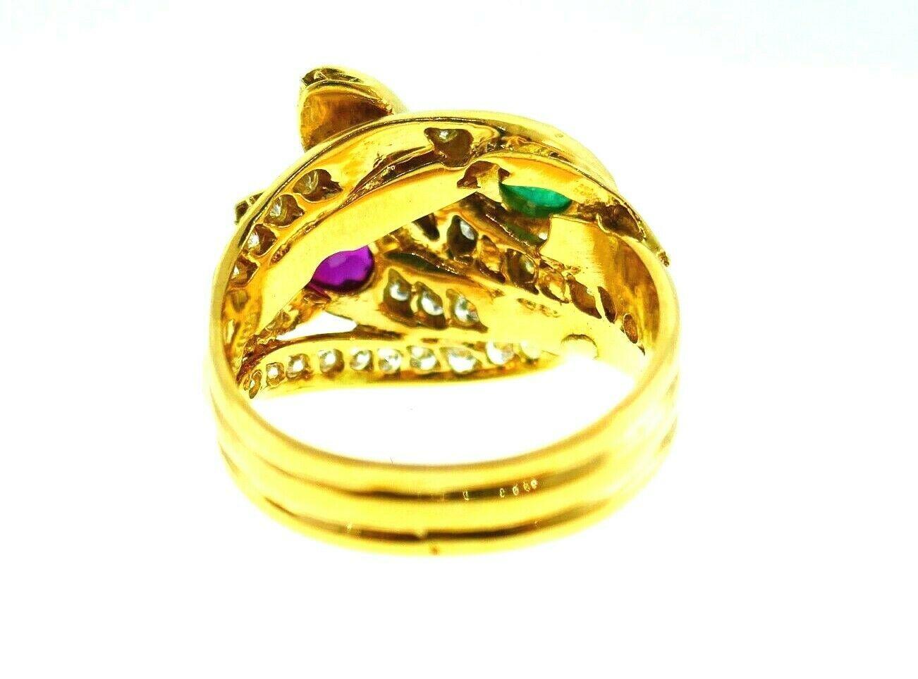 Women's or Men's English Vintage Yellow Gold Diamond Ruby Emerald Sapphire Snake Ring