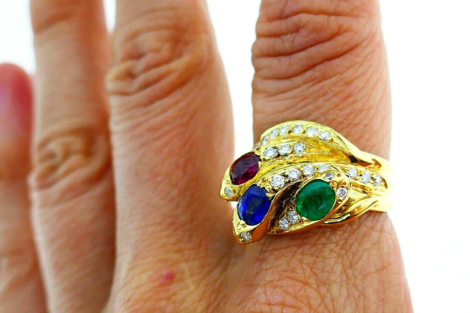 English Vintage Yellow Gold Diamond Ruby Emerald Sapphire Snake Ring 3