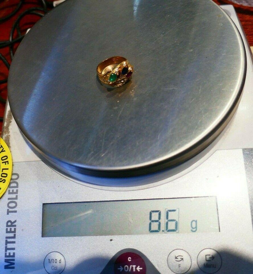 English Vintage Yellow Gold Diamond Ruby Emerald Sapphire Snake Ring 4