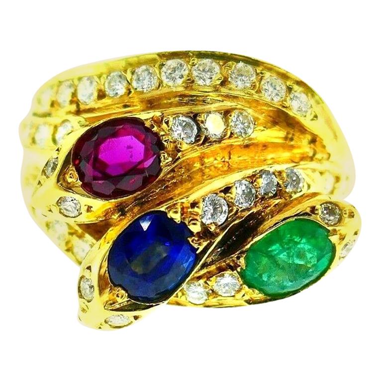 English Vintage Yellow Gold Diamond Ruby Emerald Sapphire Snake Ring