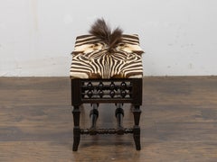 English Vintage Zebra Hide Upholstered Footstool