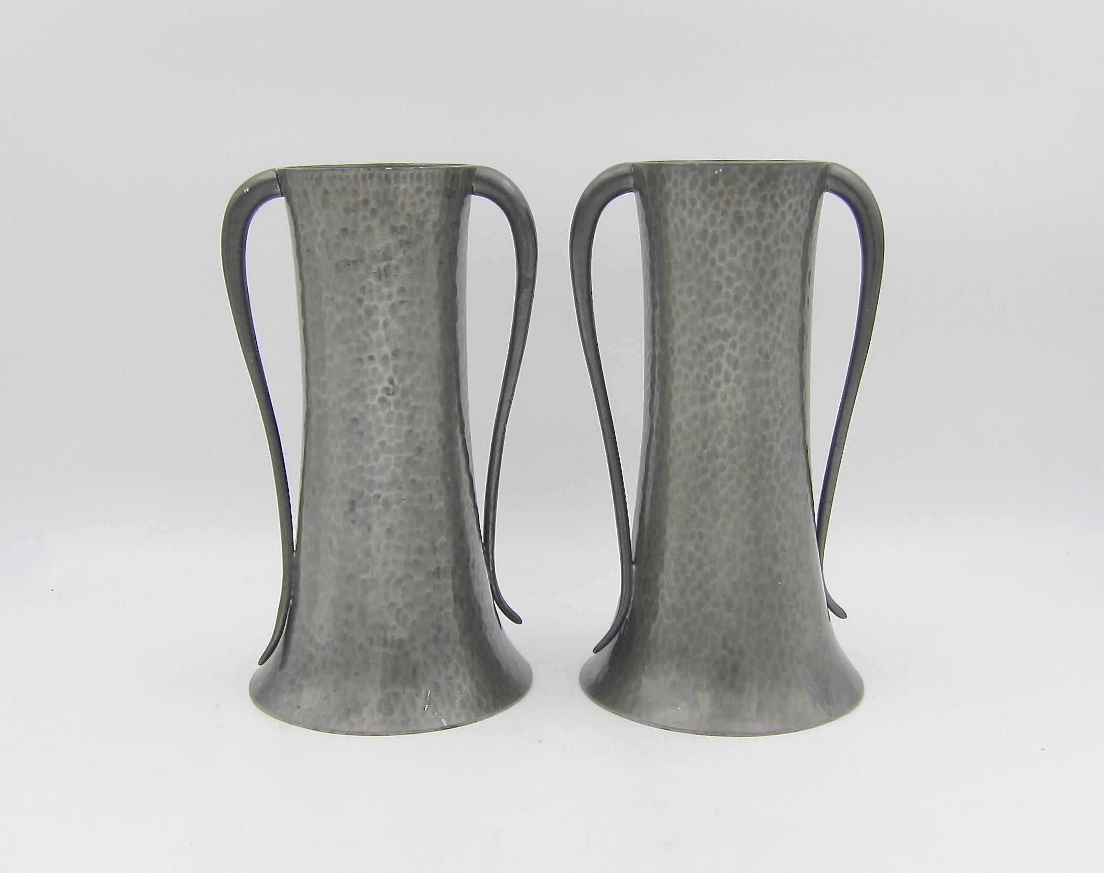 Hammered English Walker & Co Art Nouveau Vase Pair in Hand Beaten Pewter