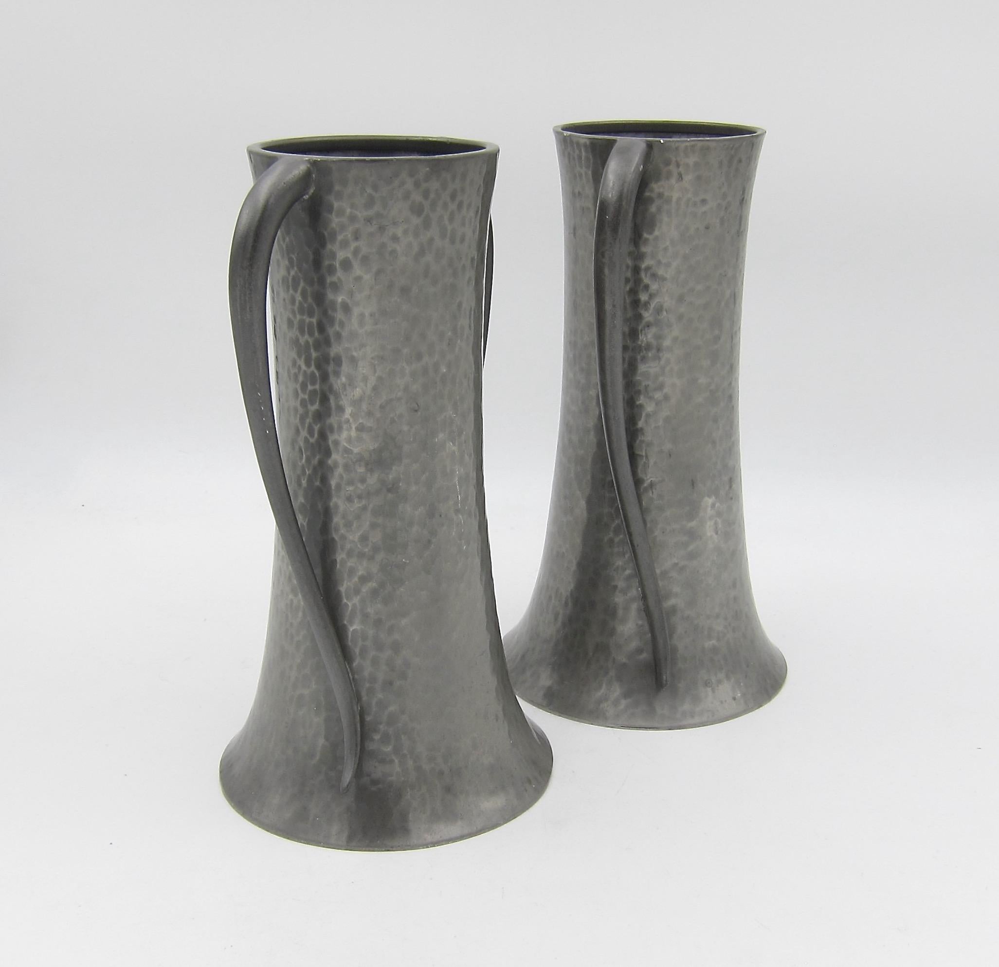 English Walker & Co Art Nouveau Vase Pair in Hand Beaten Pewter In Good Condition In Los Angeles, CA