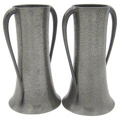 English Walker & Co Art Nouveau Vase Pair in Hand Beaten Pewter